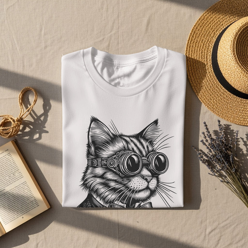 White t-shirt with a black ink drawing of a cat wearing goggles and a bow tie.