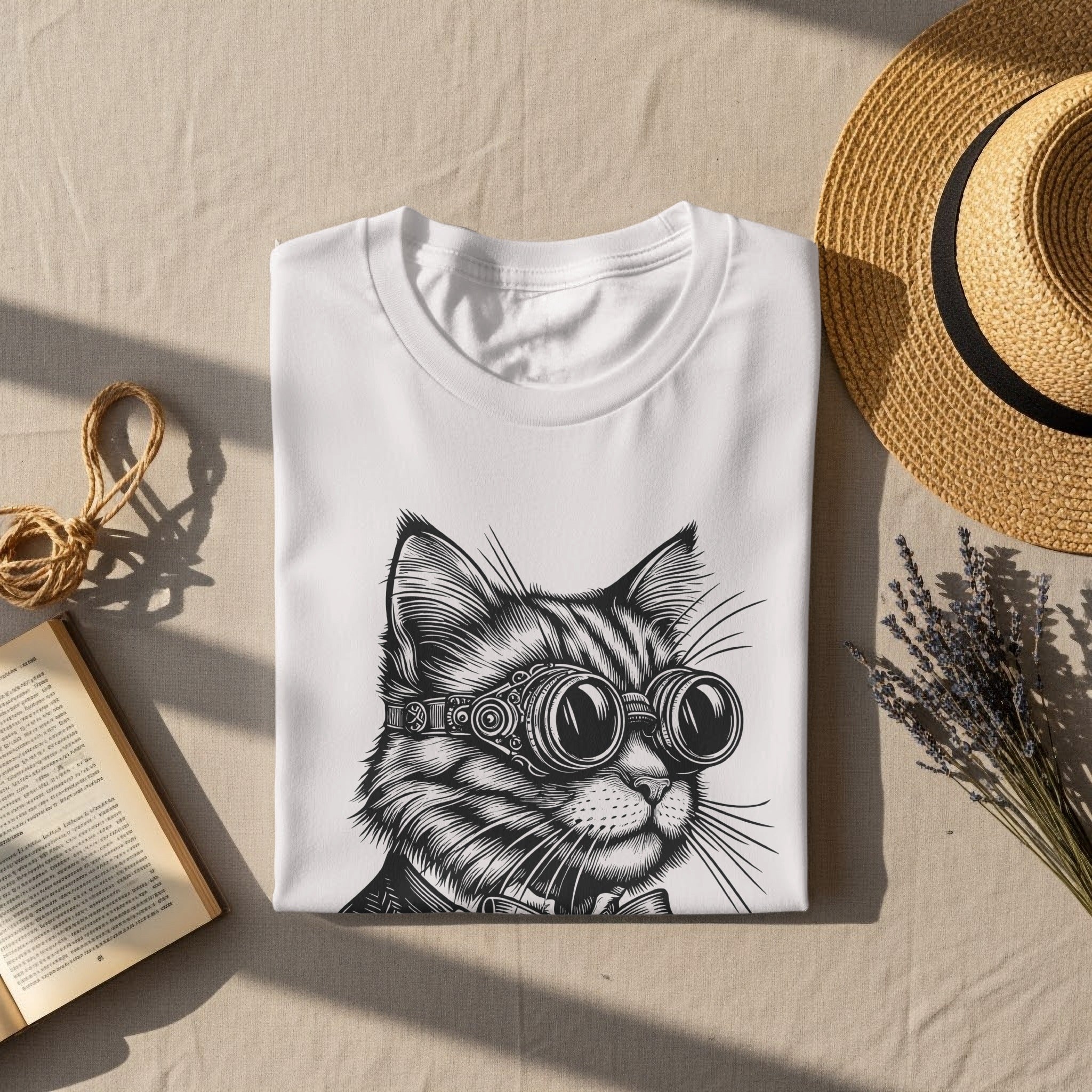 White t-shirt with a black ink drawing of a cat wearing goggles and a bow tie.
