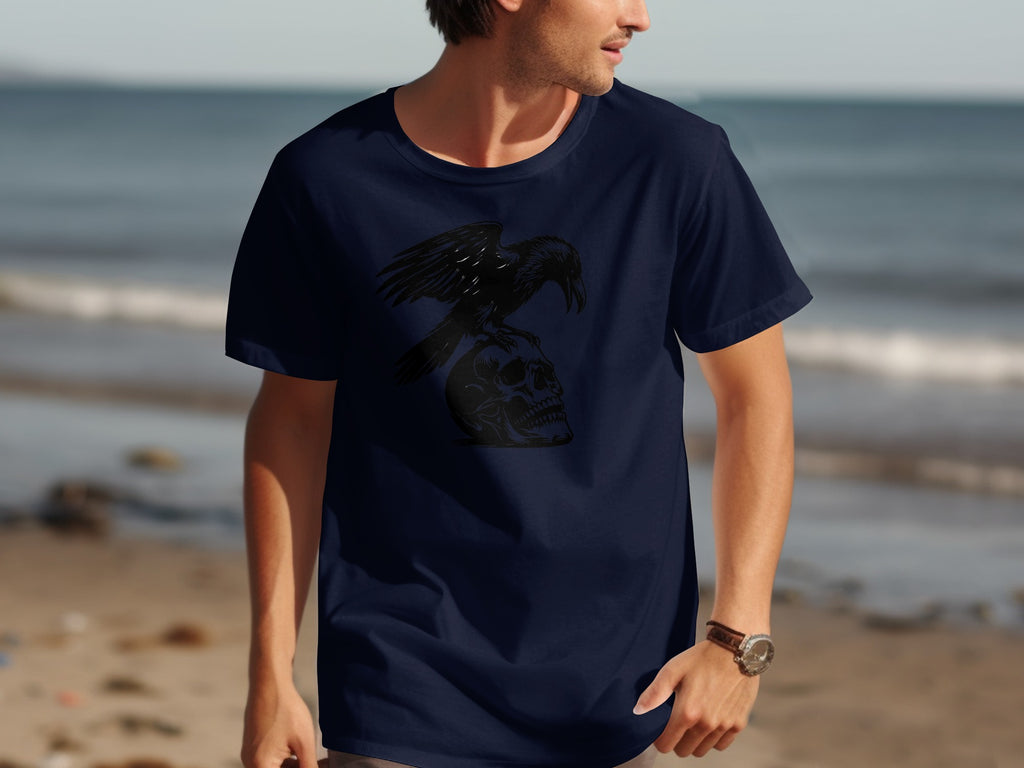 Navy t-shirt with a black graphic of a raven perched on a skull.