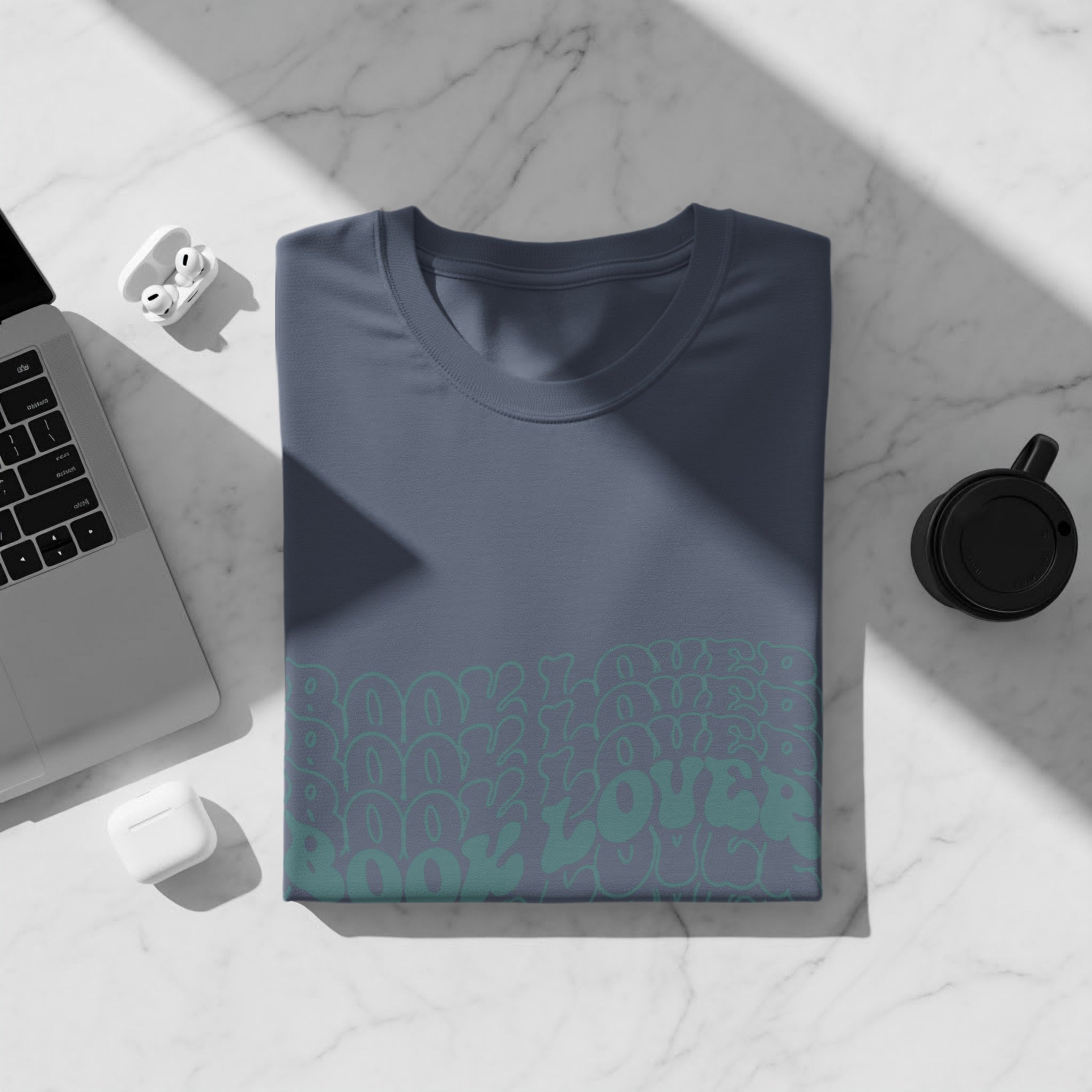 Slate blue t-shirt with teal "Book Love" graphic design.