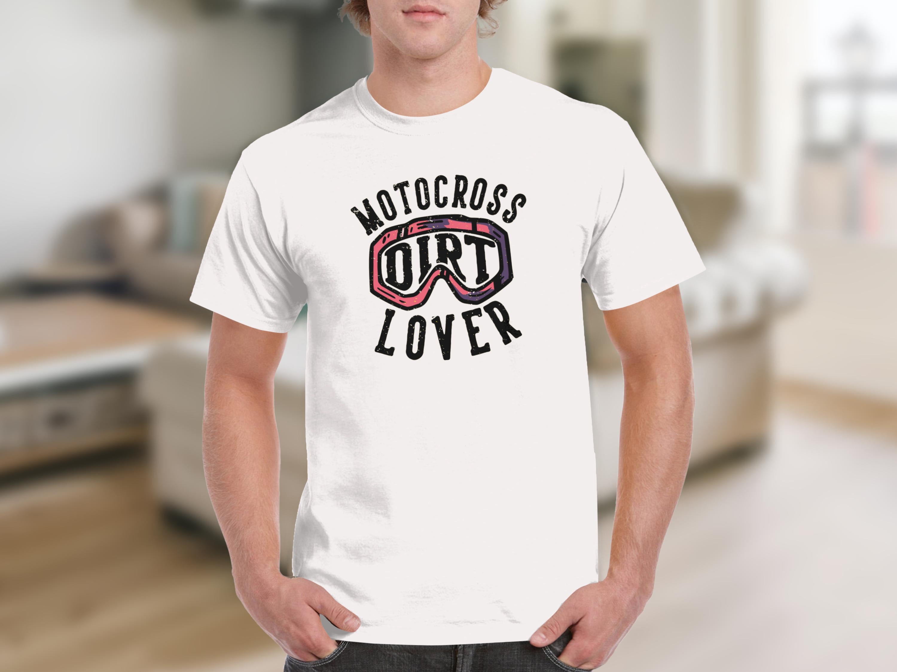White t-shirt with "Motocross Dirt Lover" text and racing goggles graphic.
