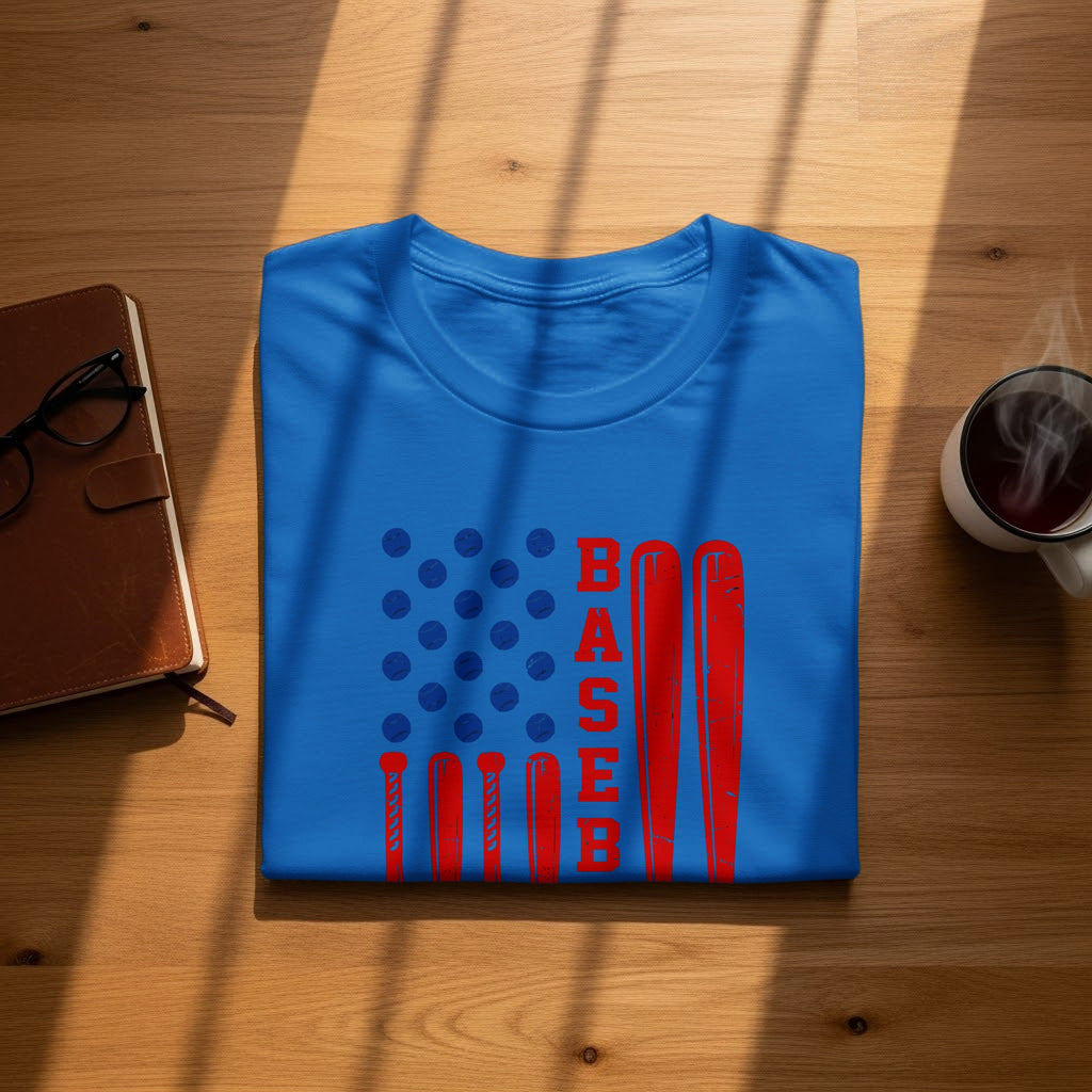 Blue t-shirt with red baseball bats and balls, spelling "BASEBALL".