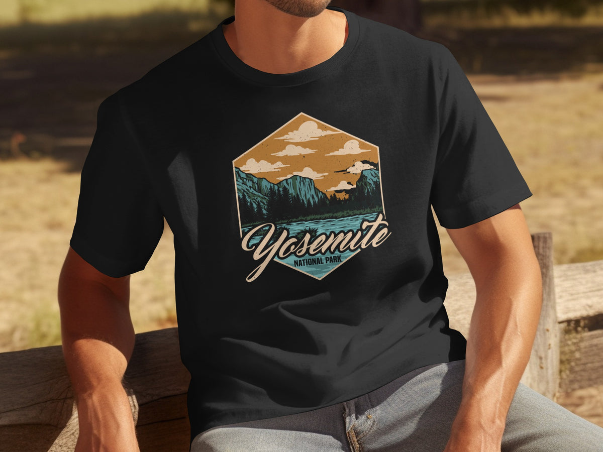 Black t-shirt with a hexagonal Yosemite National Park vintage graphic.