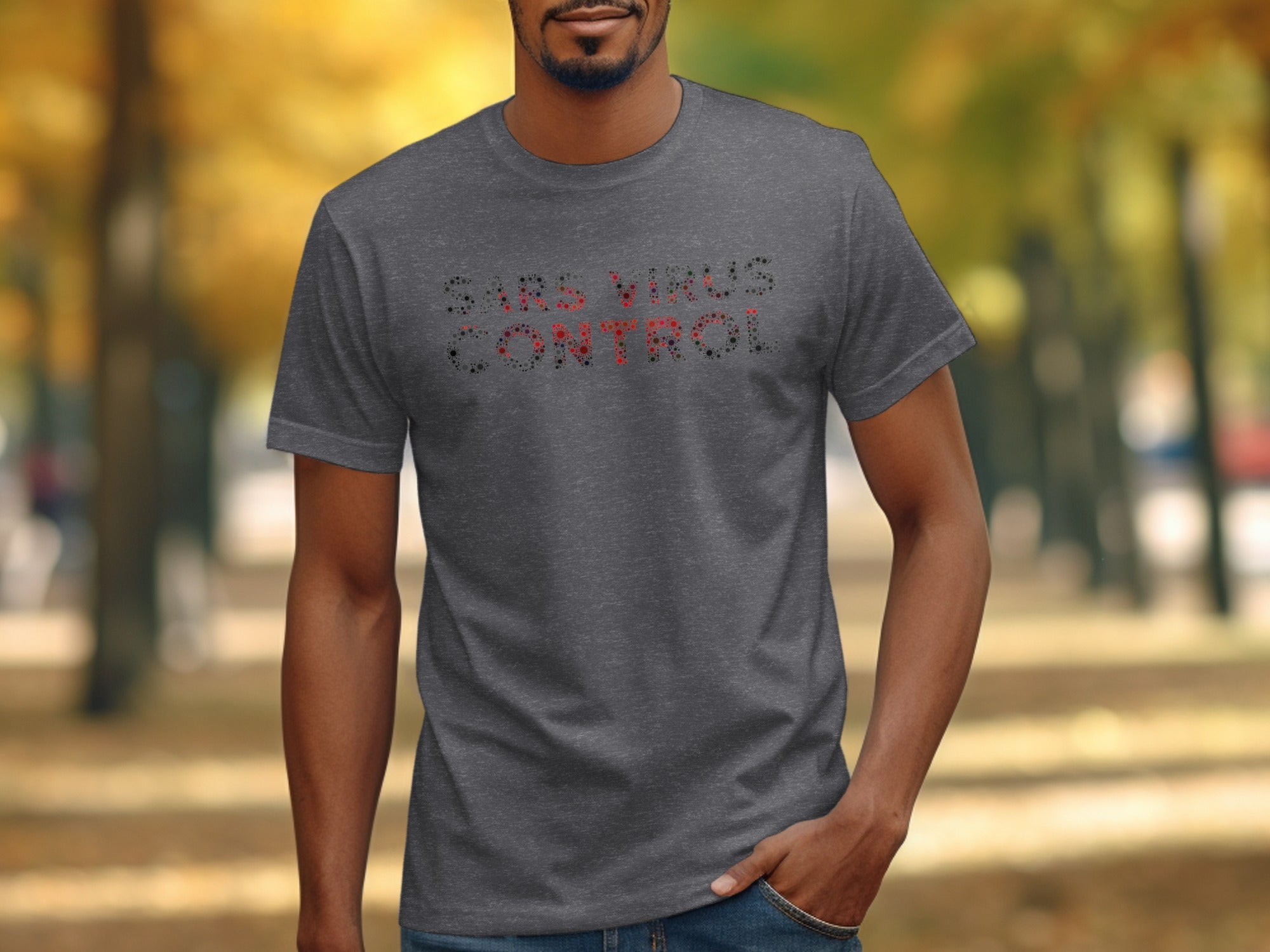 Men's dark grey t-shirt with "SARS VIRUS CONTROL" text design.