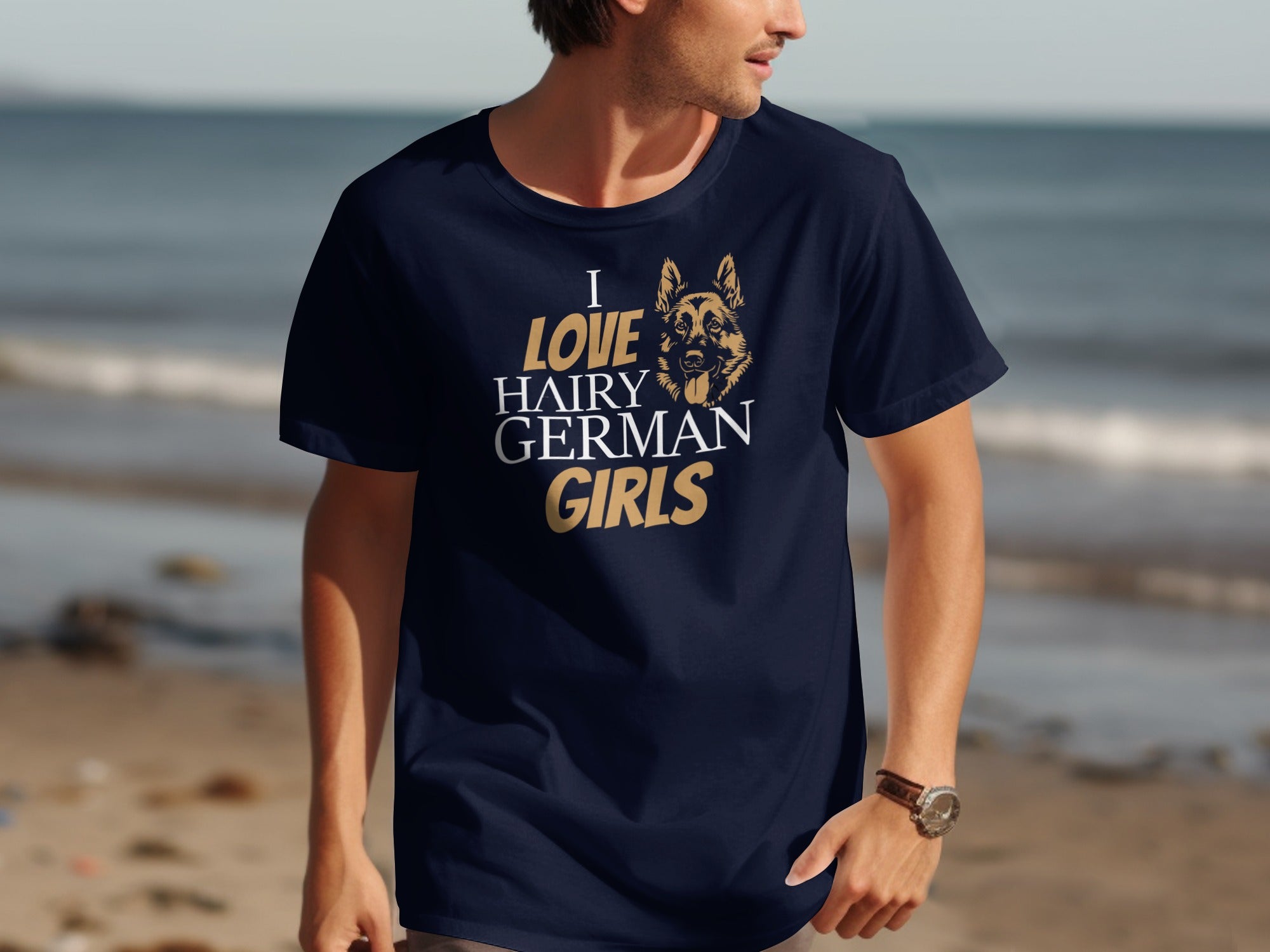 Navy t-shirt with "I LOVE HAIRY GERMAN GIRLS" and German Shepherd graphic.