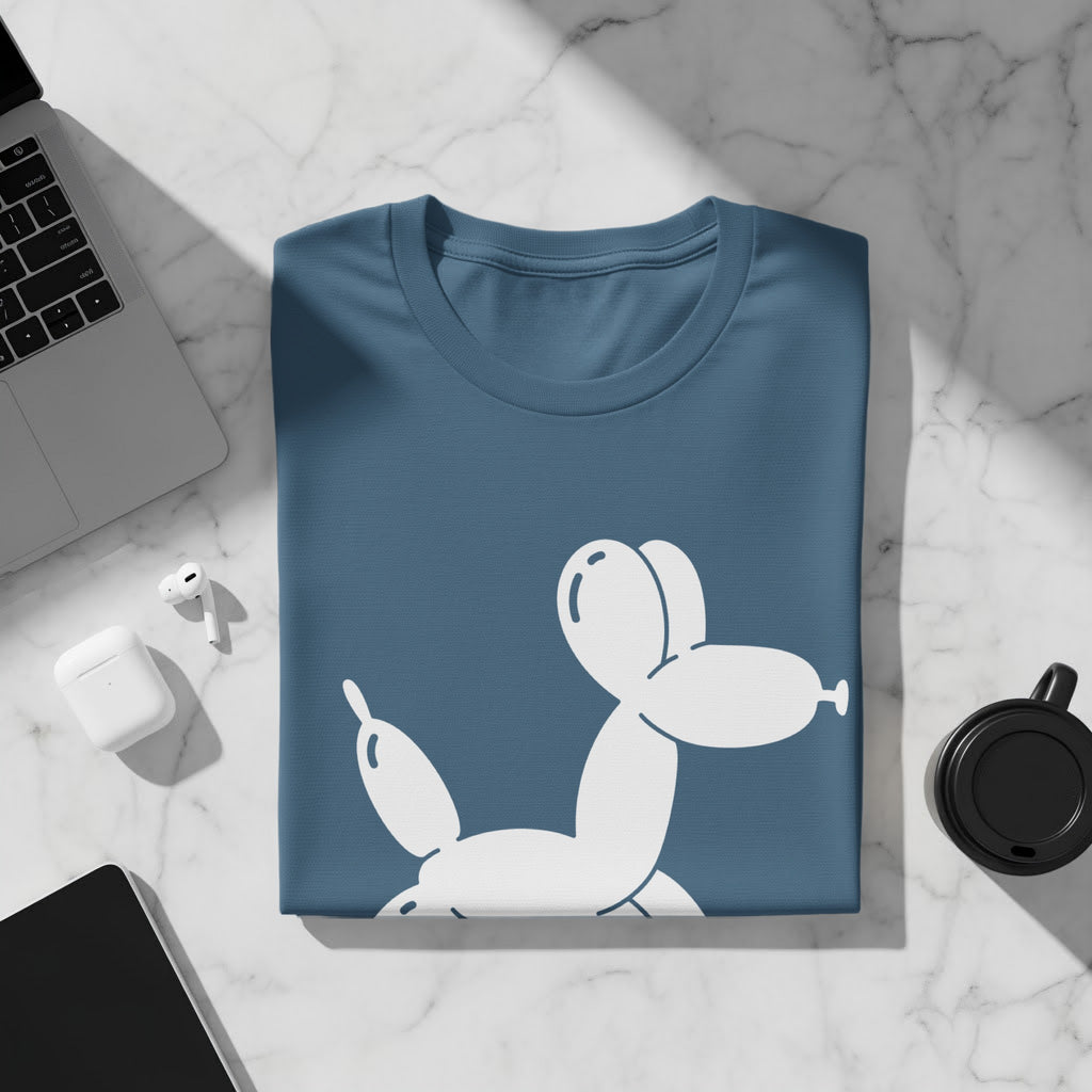 Blue t-shirt with a white balloon dog graphic on the front.