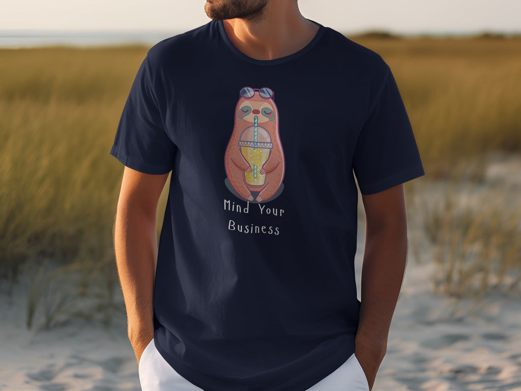 Navy t-shirt with a sloth drinking from a straw and "Mind Your Business" text.