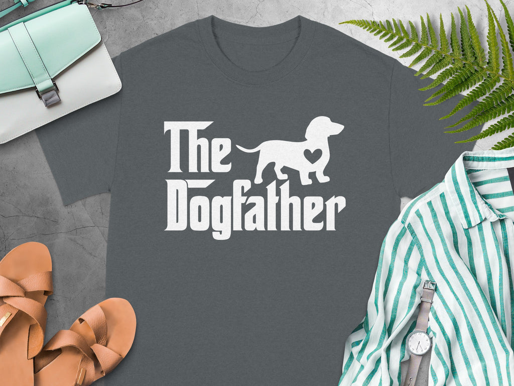 Grey t-shirt with white text "The Dogfather" and a dachshund silhouette with a heart.