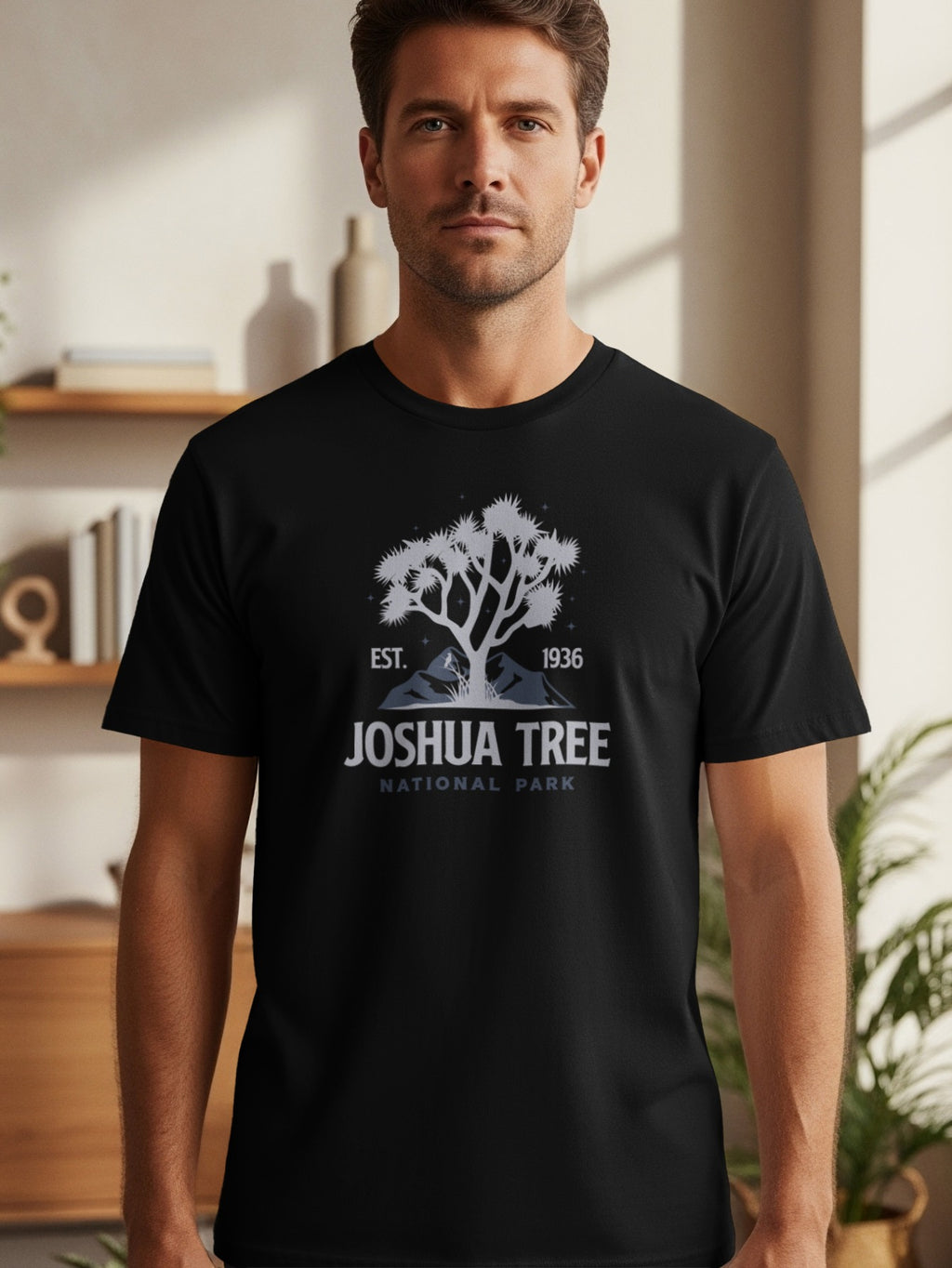 Black t-shirt with Joshua Tree National Park graphic and est. 1936 text.