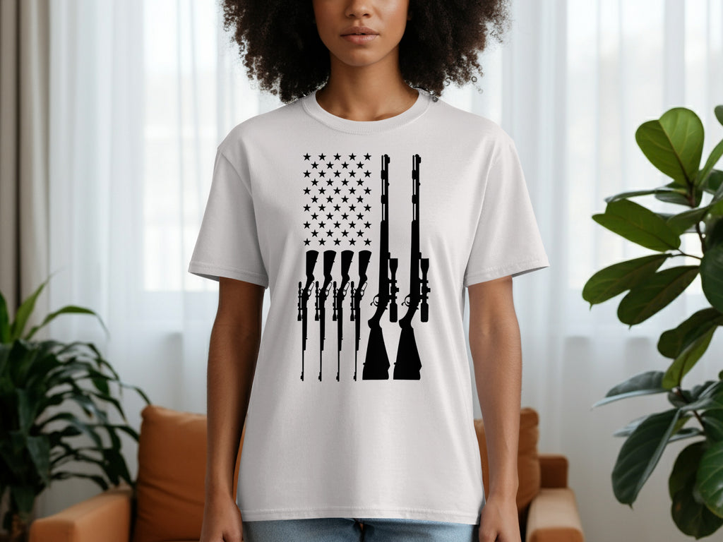 White t-shirt with black rifle silhouettes in the shape of an American flag.