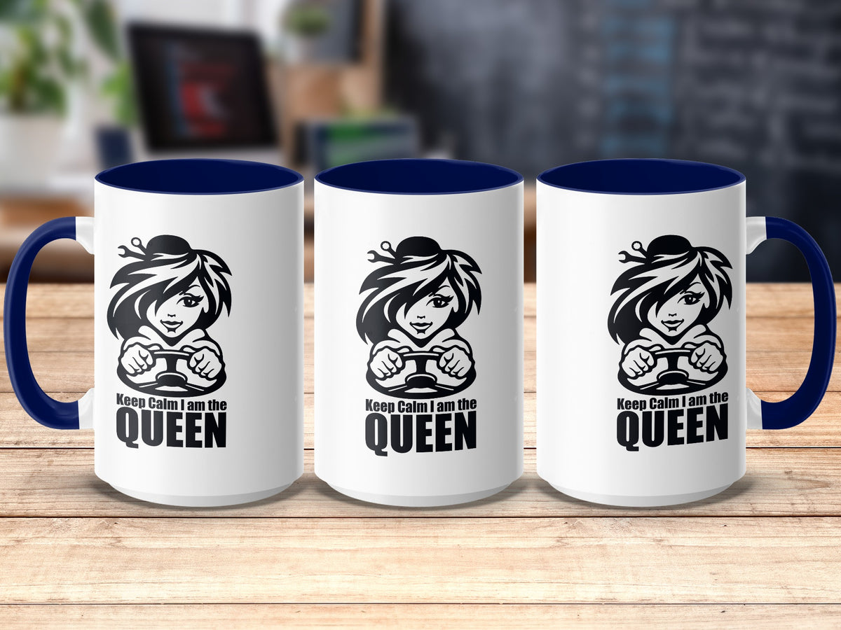 Three white mugs with blue interiors and handles, each featuring a "Keep Calm I am the QUEEN" design.