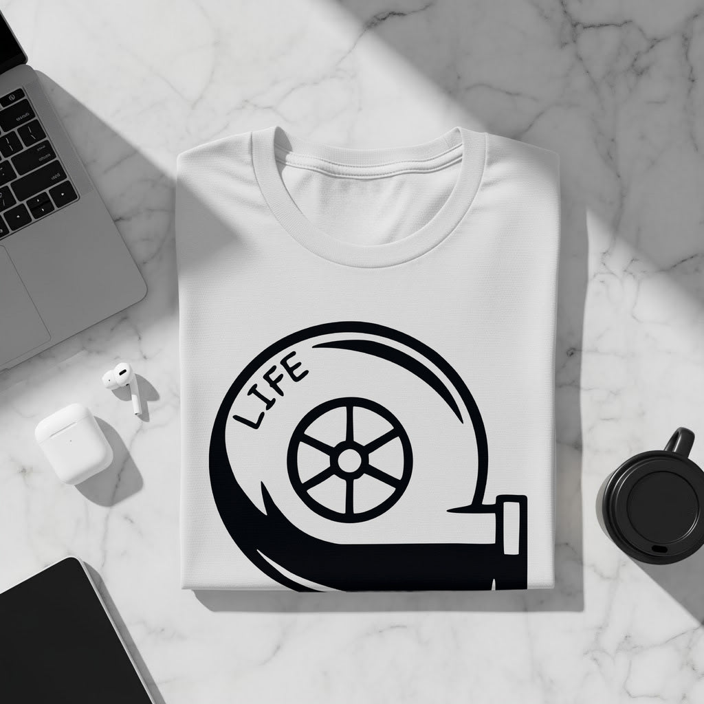 White t-shirt with black turbocharger graphic and "LIFE" text.