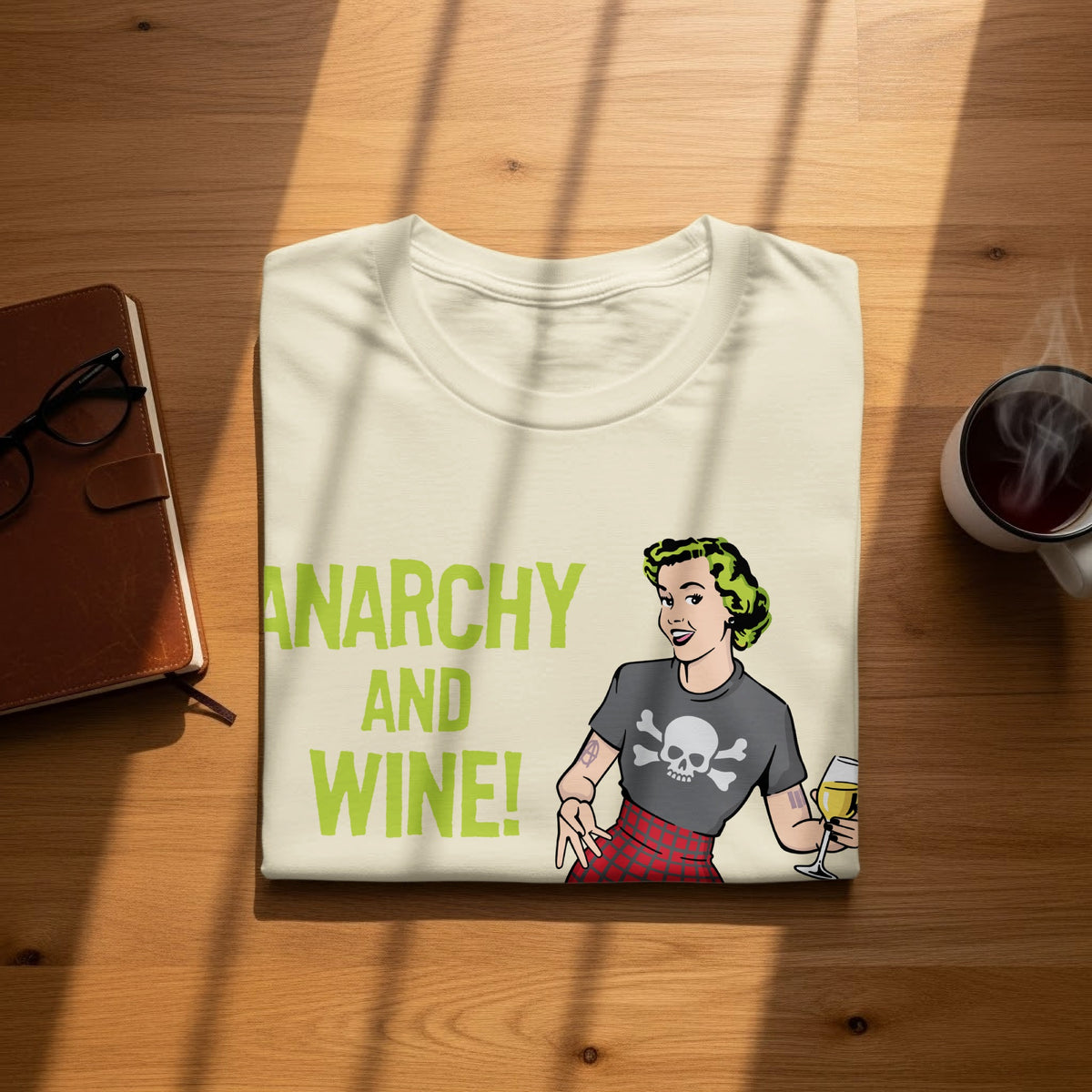 T-shirt with "Anarchy and Wine!" text and a cartoon woman with skull shirt.