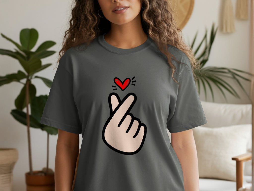 Dark grey t-shirt with a pink hand gesture forming a heart and a red heart above.