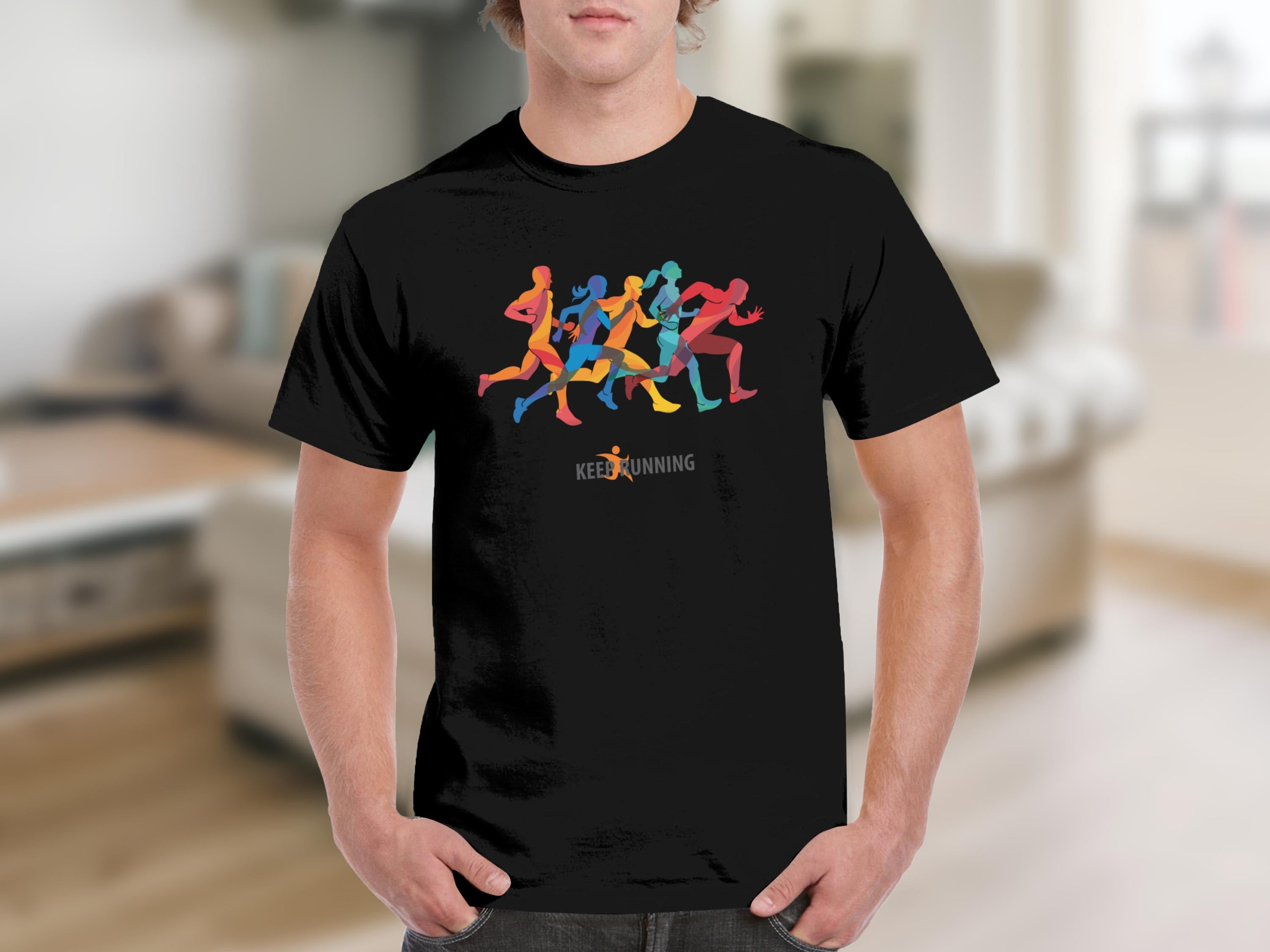 Black t-shirt with colorful running silhouettes and "Keep Running" text.