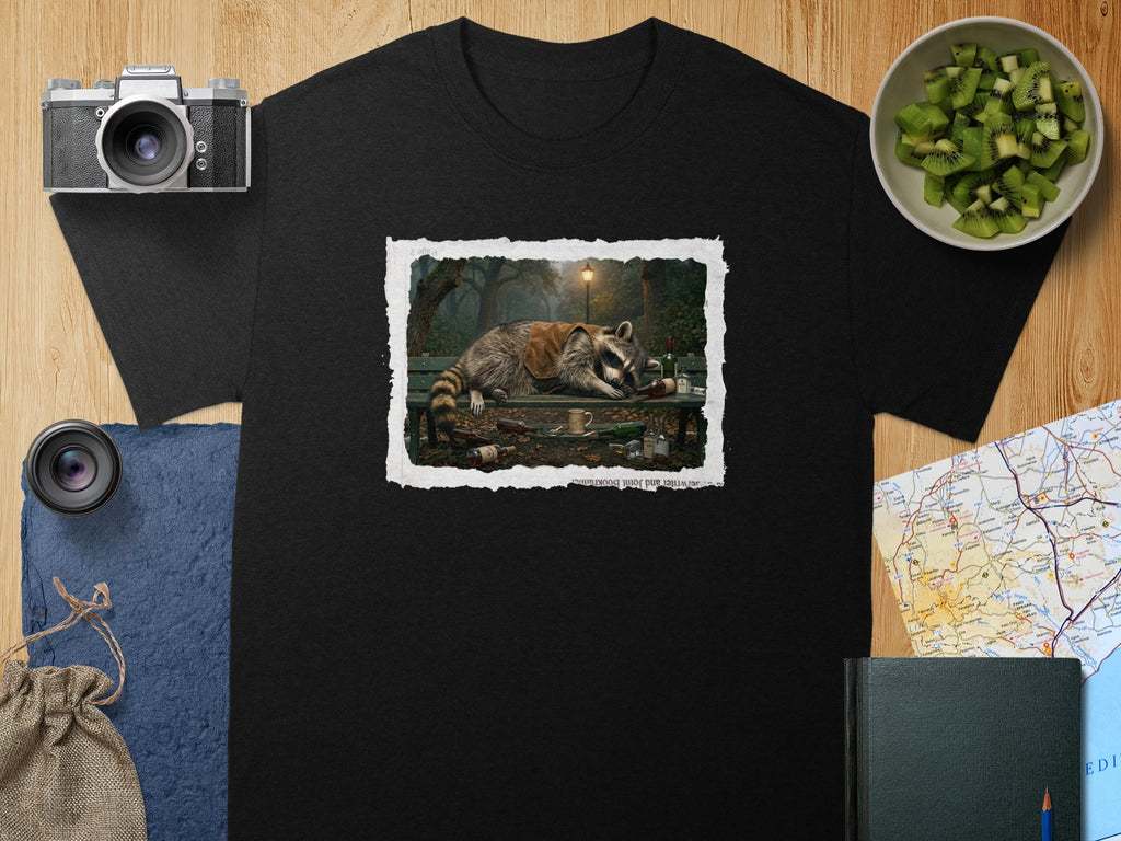 Black t-shirt with a graphic of a raccoon with a vest, passed out on a park bench.