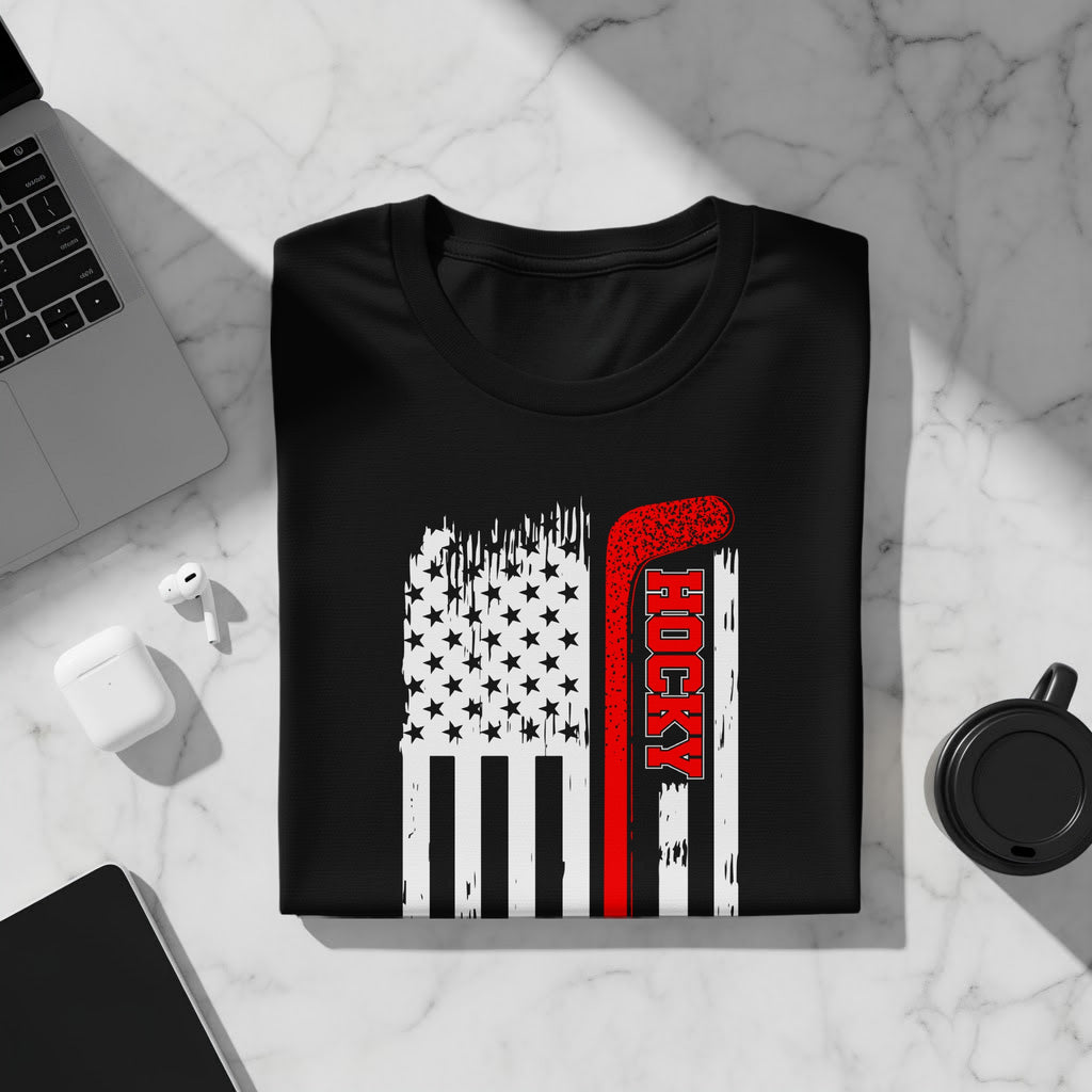 Black t-shirt with distressed American flag graphic and the word "HOCKEY".
