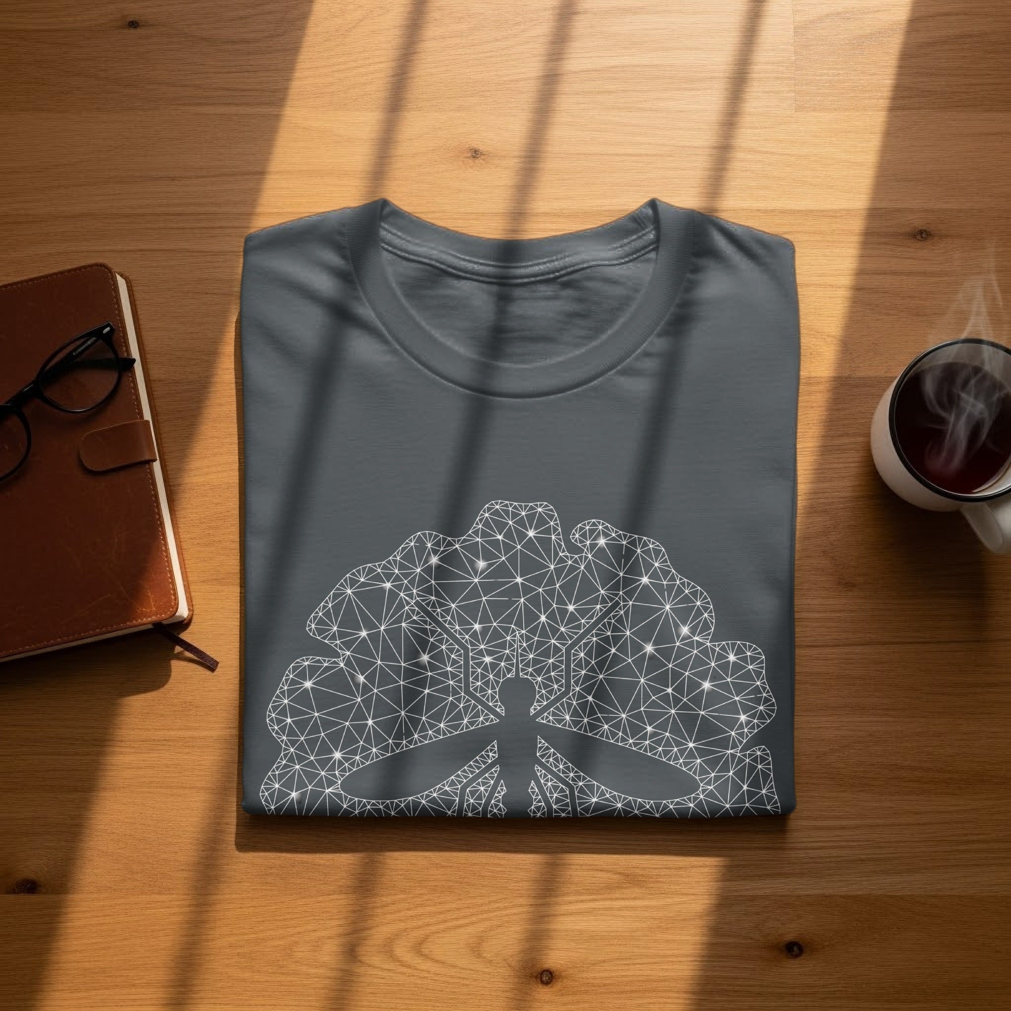 Dark grey t-shirt with a white geometric mosquito design.