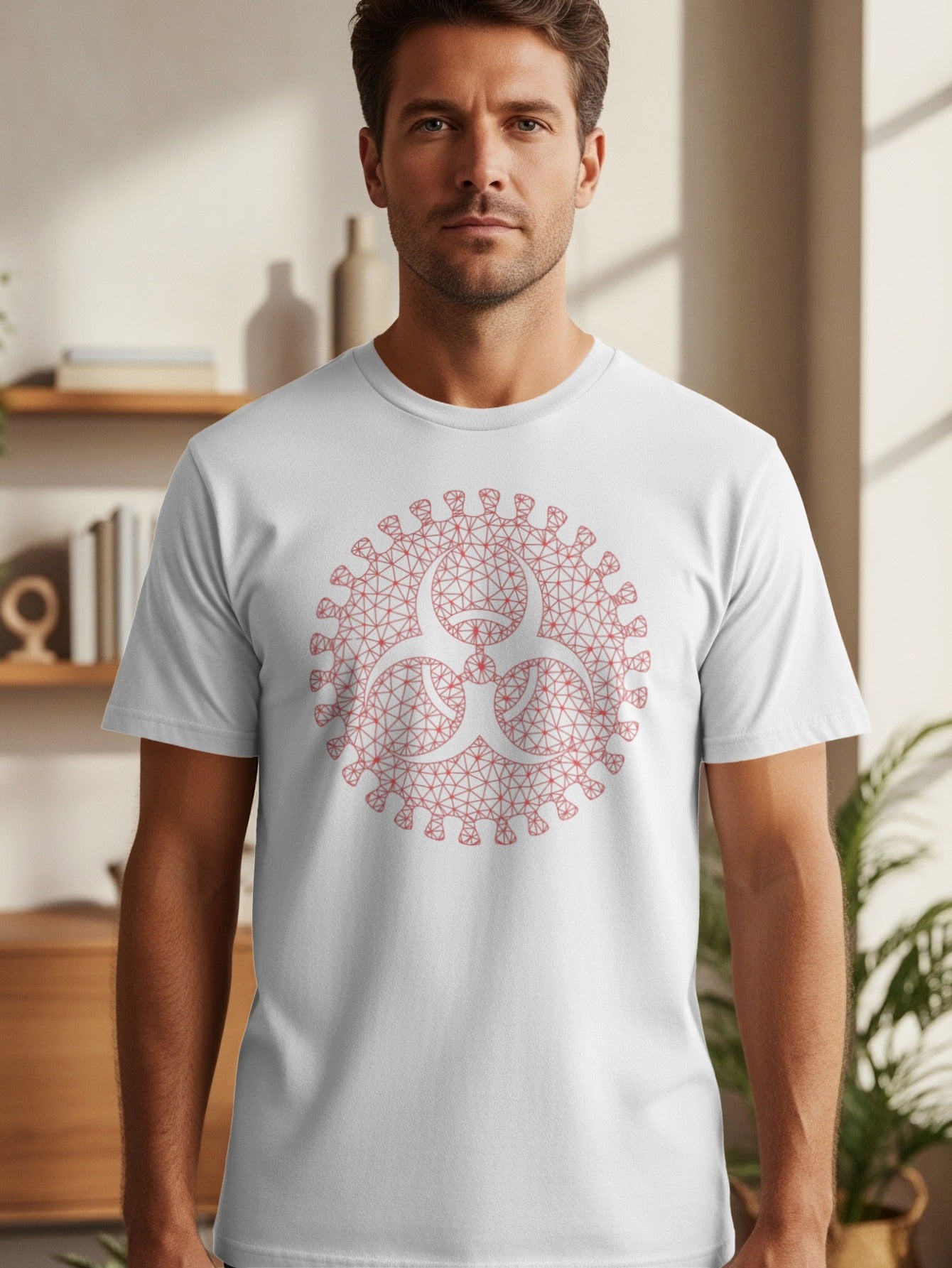 Man wearing a white t-shirt with a pink biohazard symbol in a circular, spiky design.