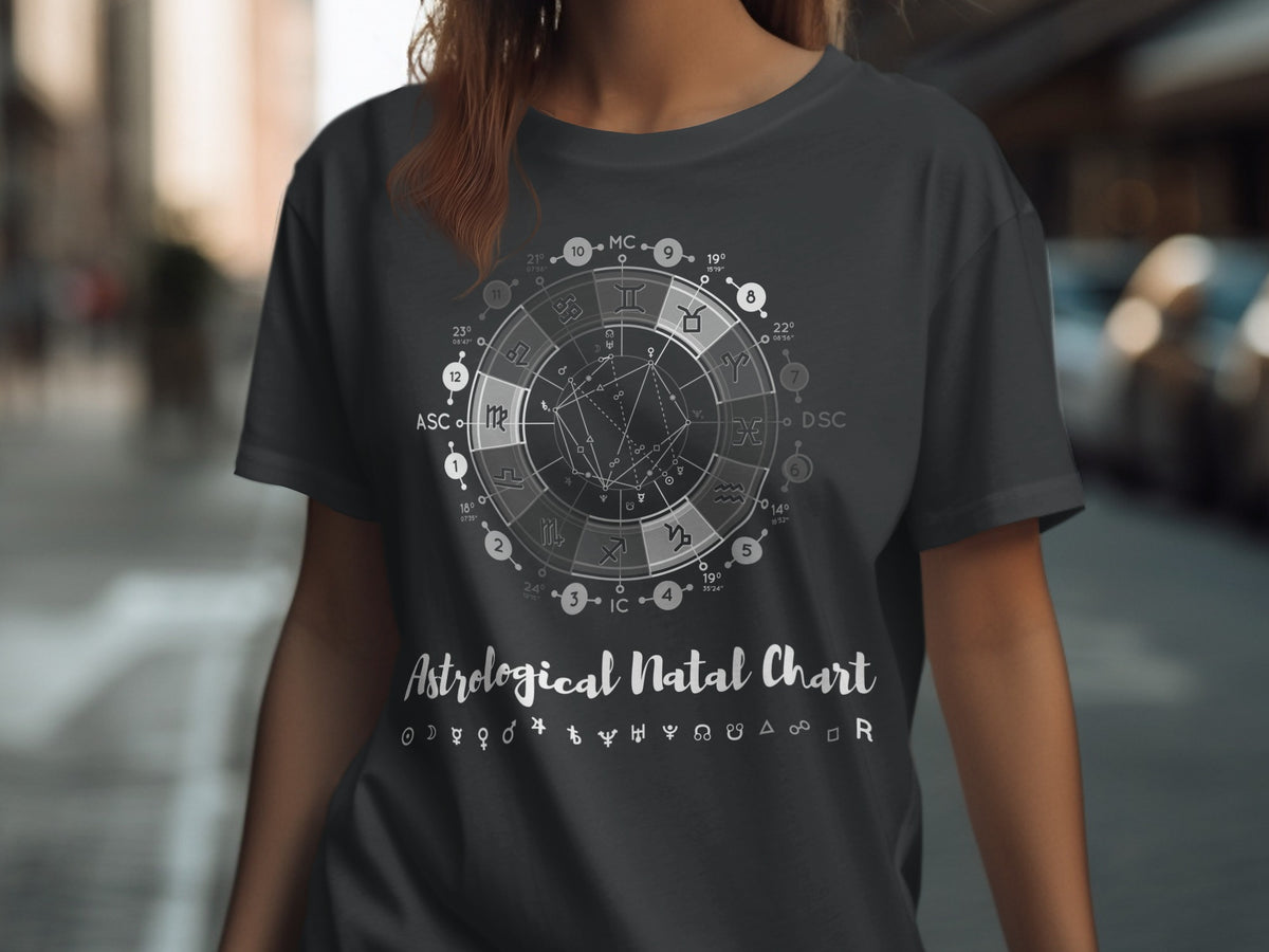 Dark grey t-shirt with a white astrological natal chart design and symbols.