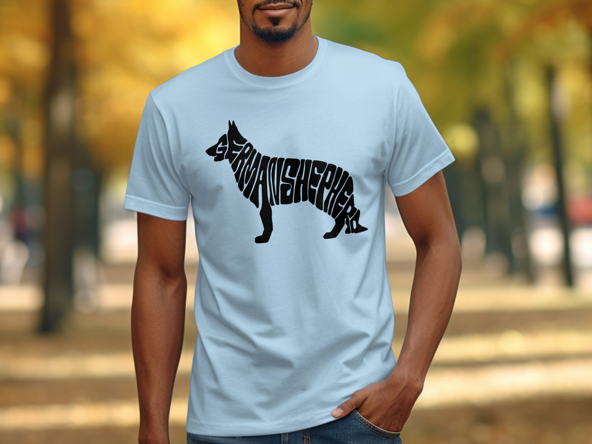 Light blue t-shirt with black German Shepherd graphic made of text.