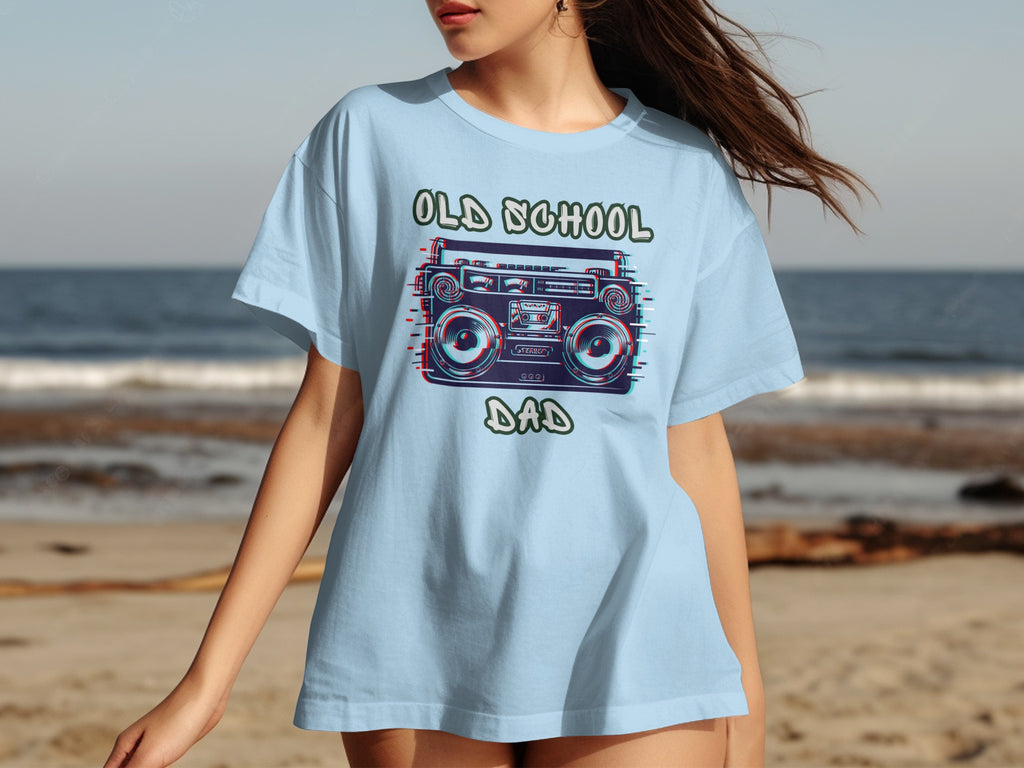 Light blue t-shirt with "OLD SCHOOL DAD" and a boombox graphic.