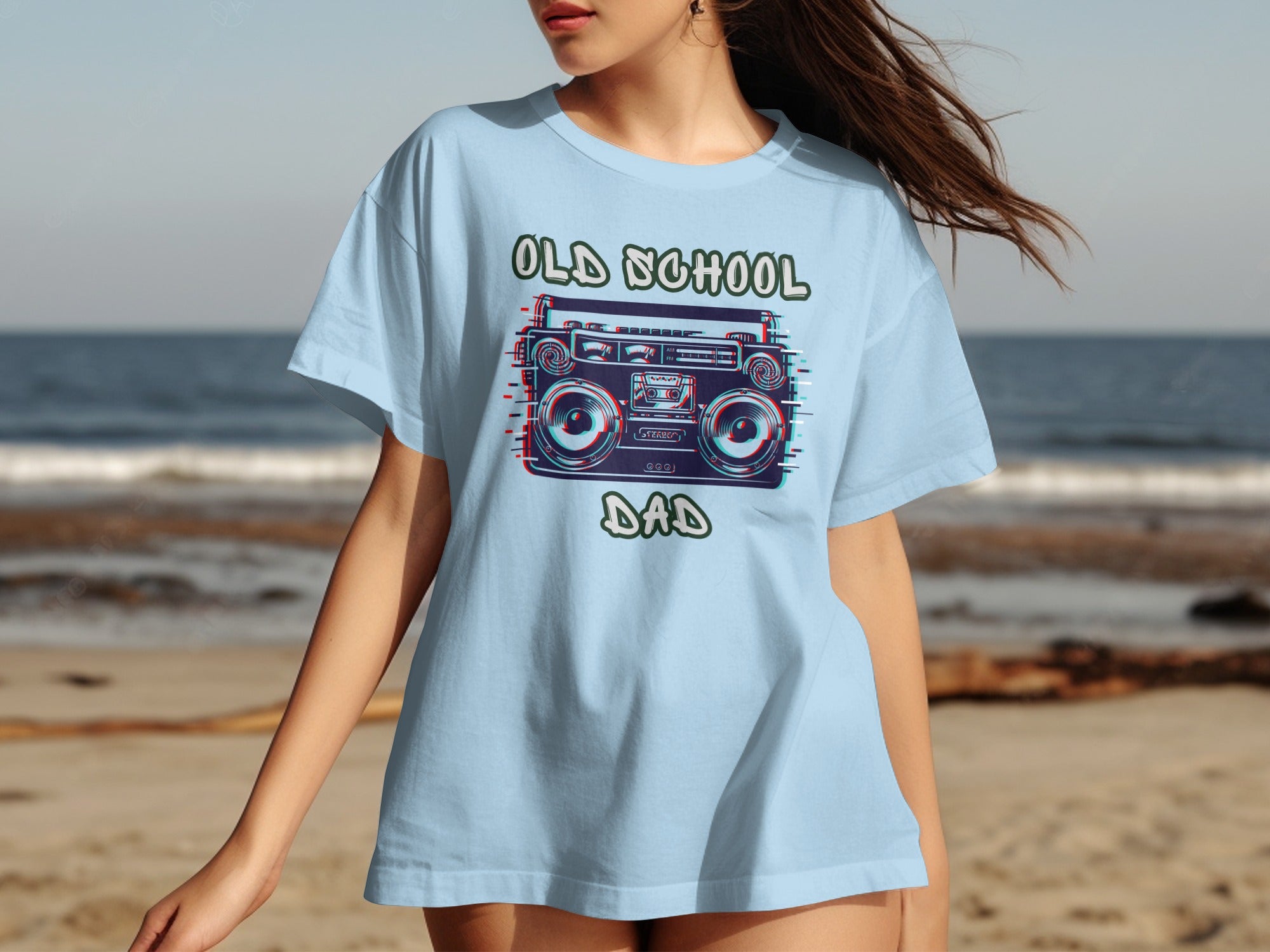 Light blue t-shirt with "OLD SCHOOL DAD" and a boombox graphic.