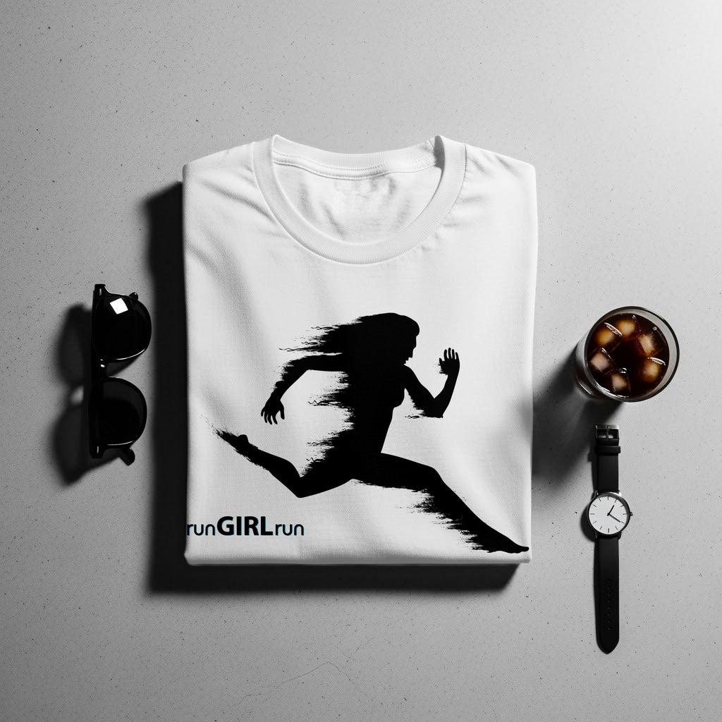 White t-shirt with black silhouette of a running woman and "runGIRLrun" text.