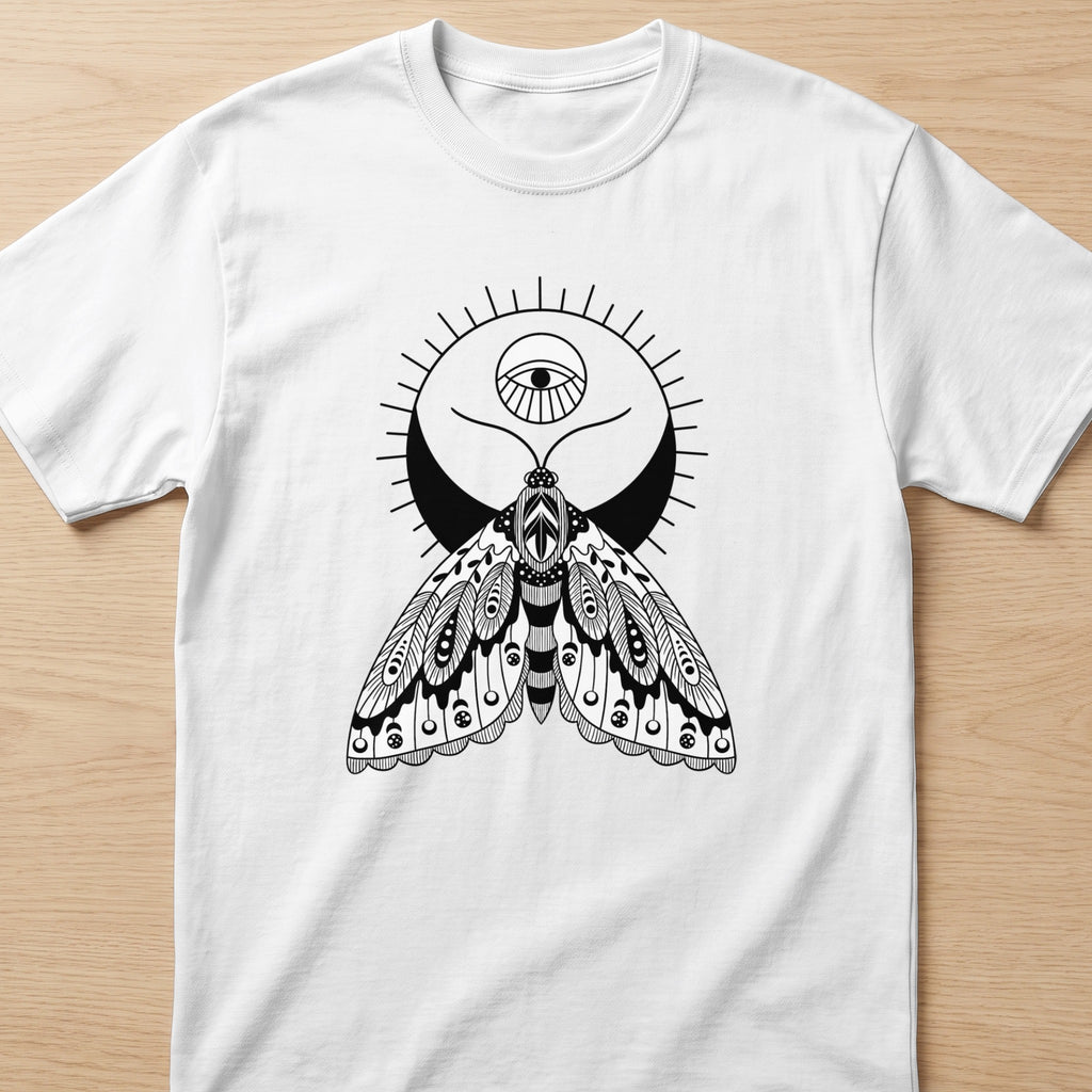 White t-shirt with a black line drawing of a moth with an eye above a crescent moon.