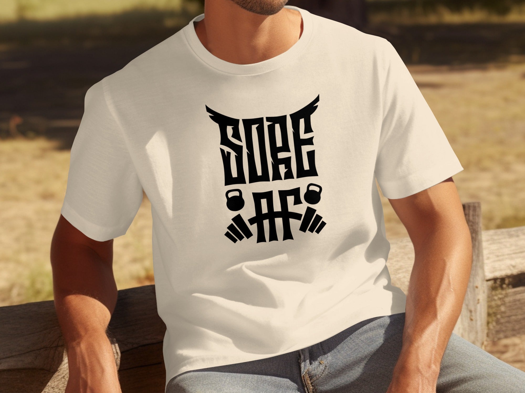 Cream t-shirt with black "SORE AF" text and weightlifting graphics.