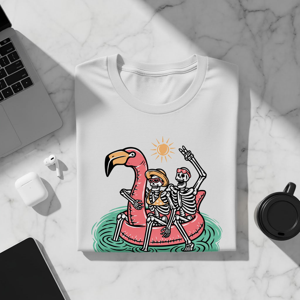 Two skeletons ride a flamingo float under a bright sun.