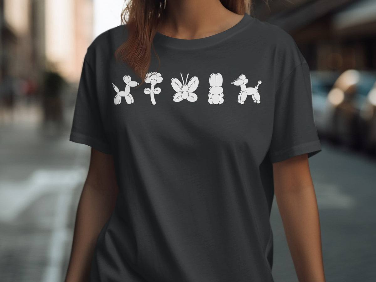 Dark gray t-shirt with a line of white balloon animals: dog, flower, butterfly, rabbit, dog.