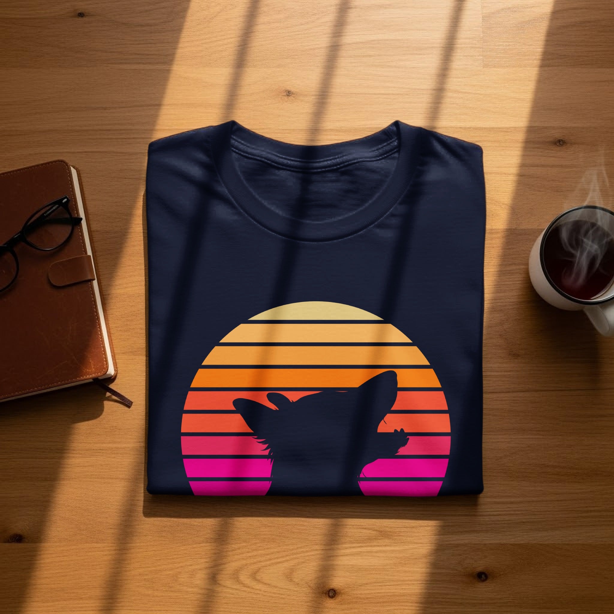 Navy t-shirt with black dog silhouette on striped sunset graphic.