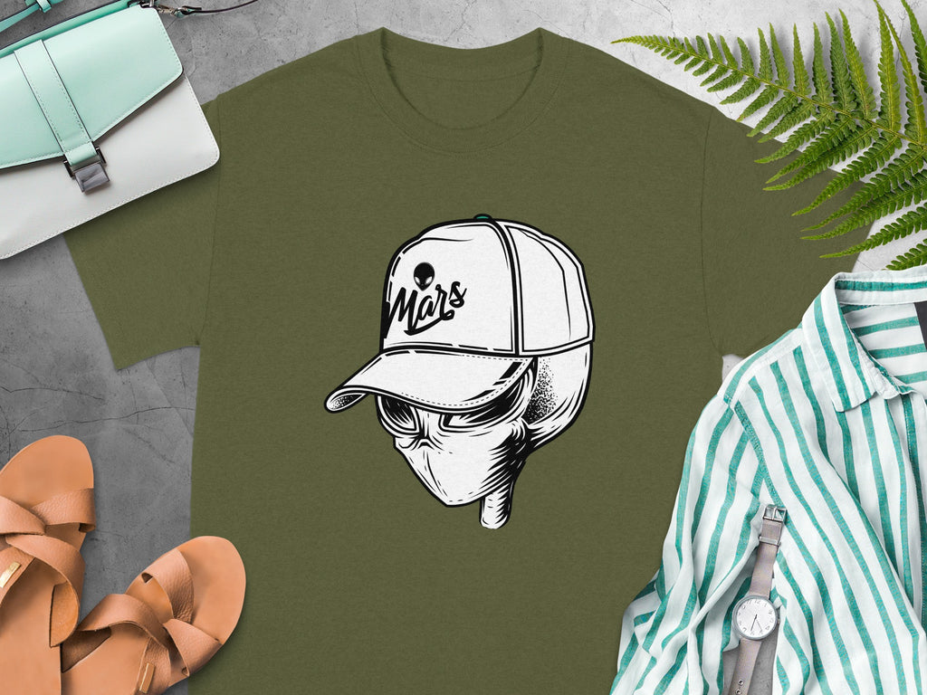 Olive green t-shirt with a stylized alien head wearing a baseball cap that says "Mars".