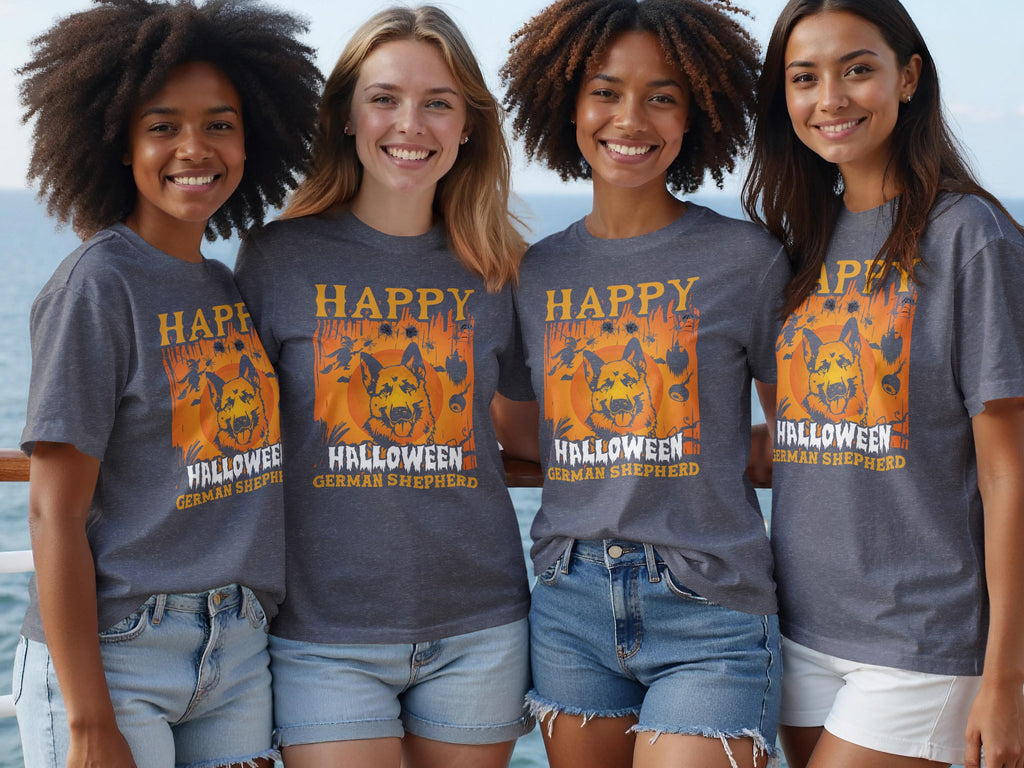 Four women in grey t-shirts with a German Shepherd Halloween graphic.