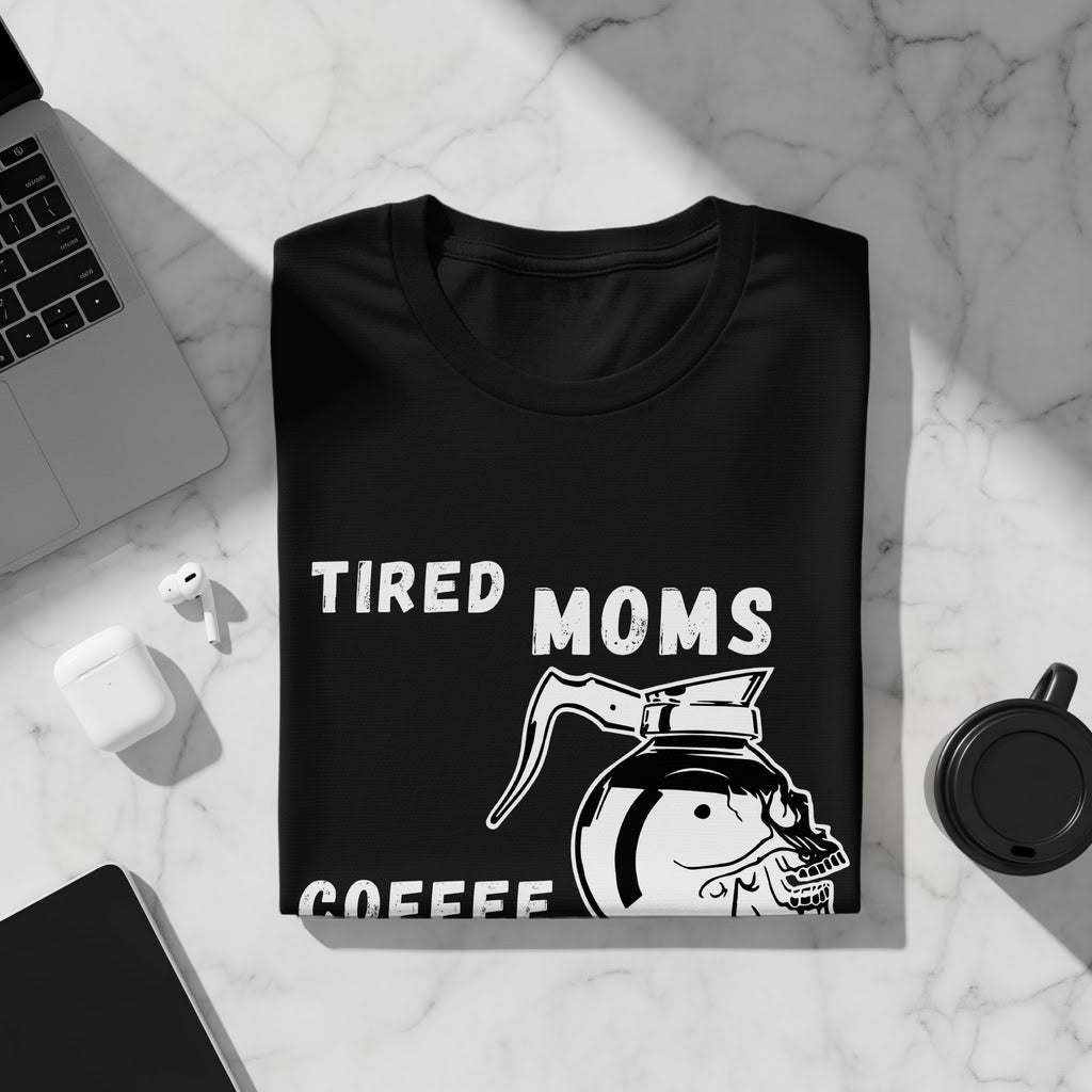 Black t-shirt with "TIRED MOMS COFFEE" and a skull-shaped coffee pot graphic.