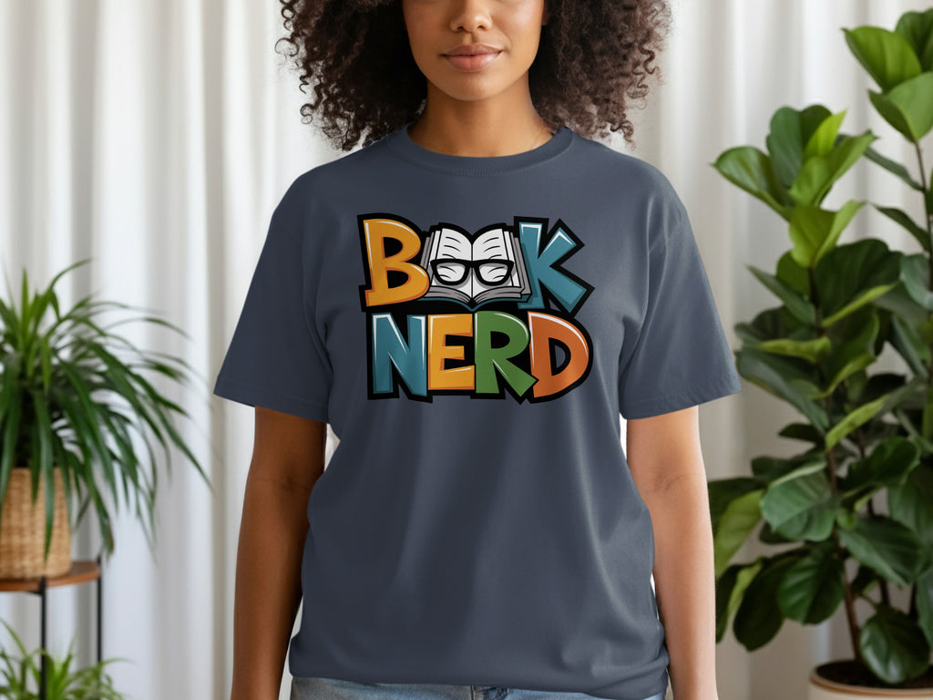 Dark gray t-shirt with multicolor "Book, Nerd" text and open book with glasses graphic.