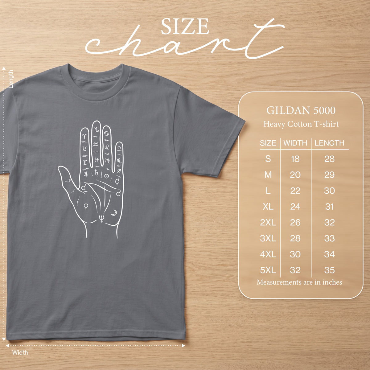 Grey t-shirt with white palmistry hand and astrological symbols, Gildan 5000 size chart.