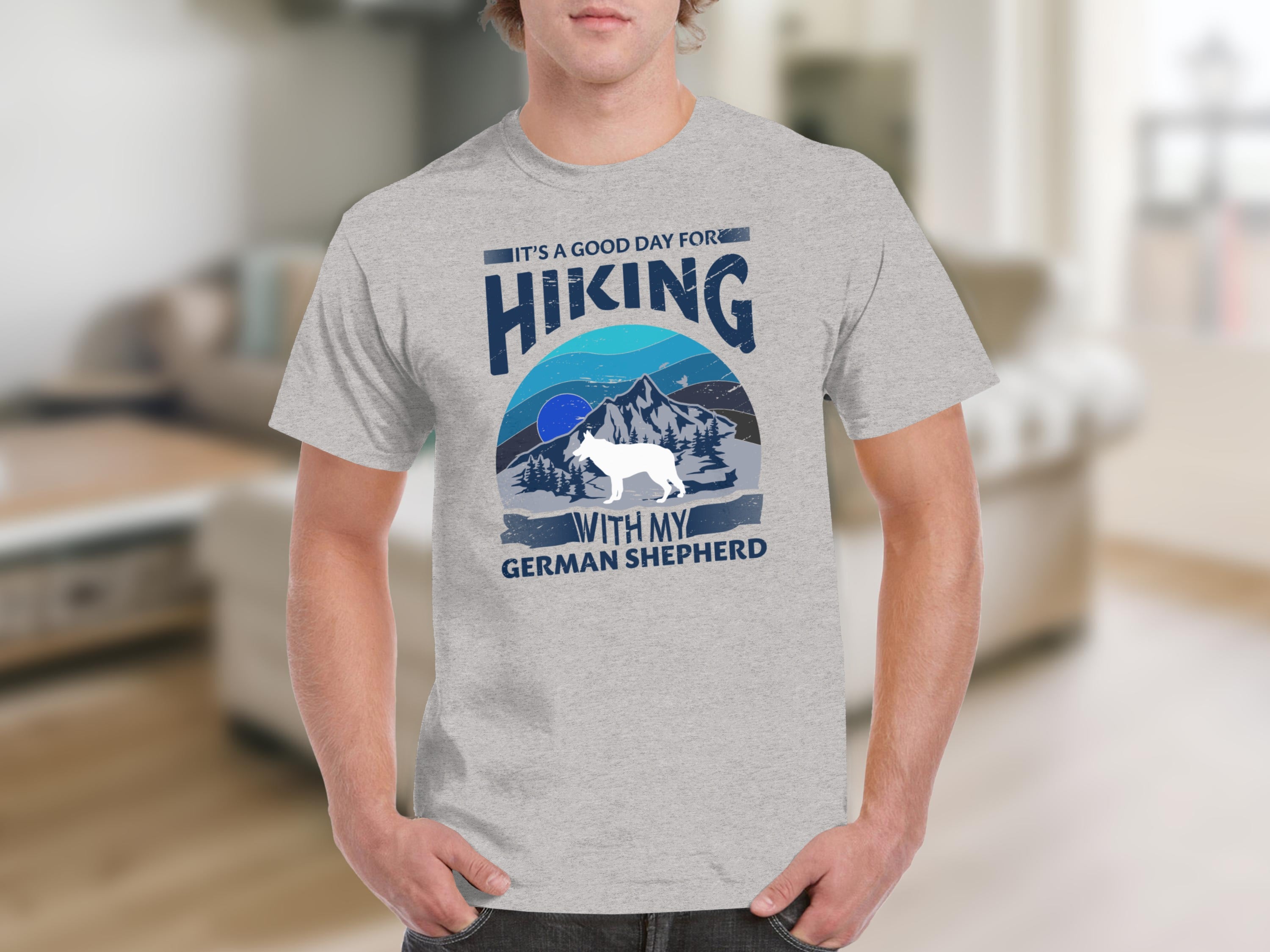 Gray t-shirt with "It's a good day for hiking with my German Shepherd" text and graphic.