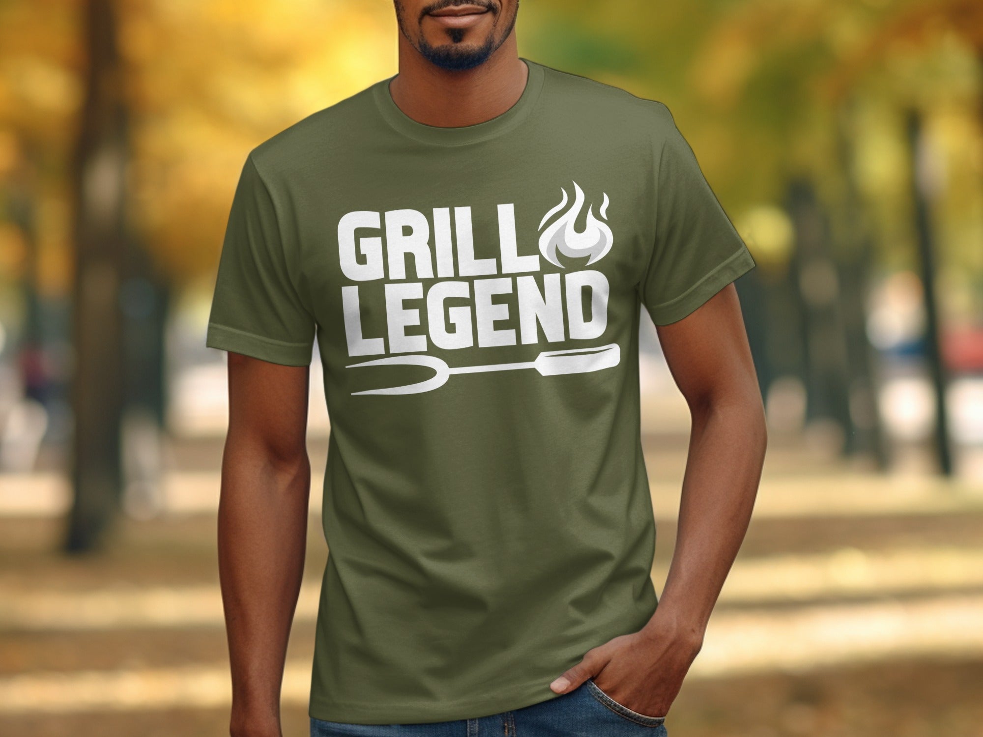Olive t-shirt with white "GRILL LEGEND" text and grilling fork graphic.
