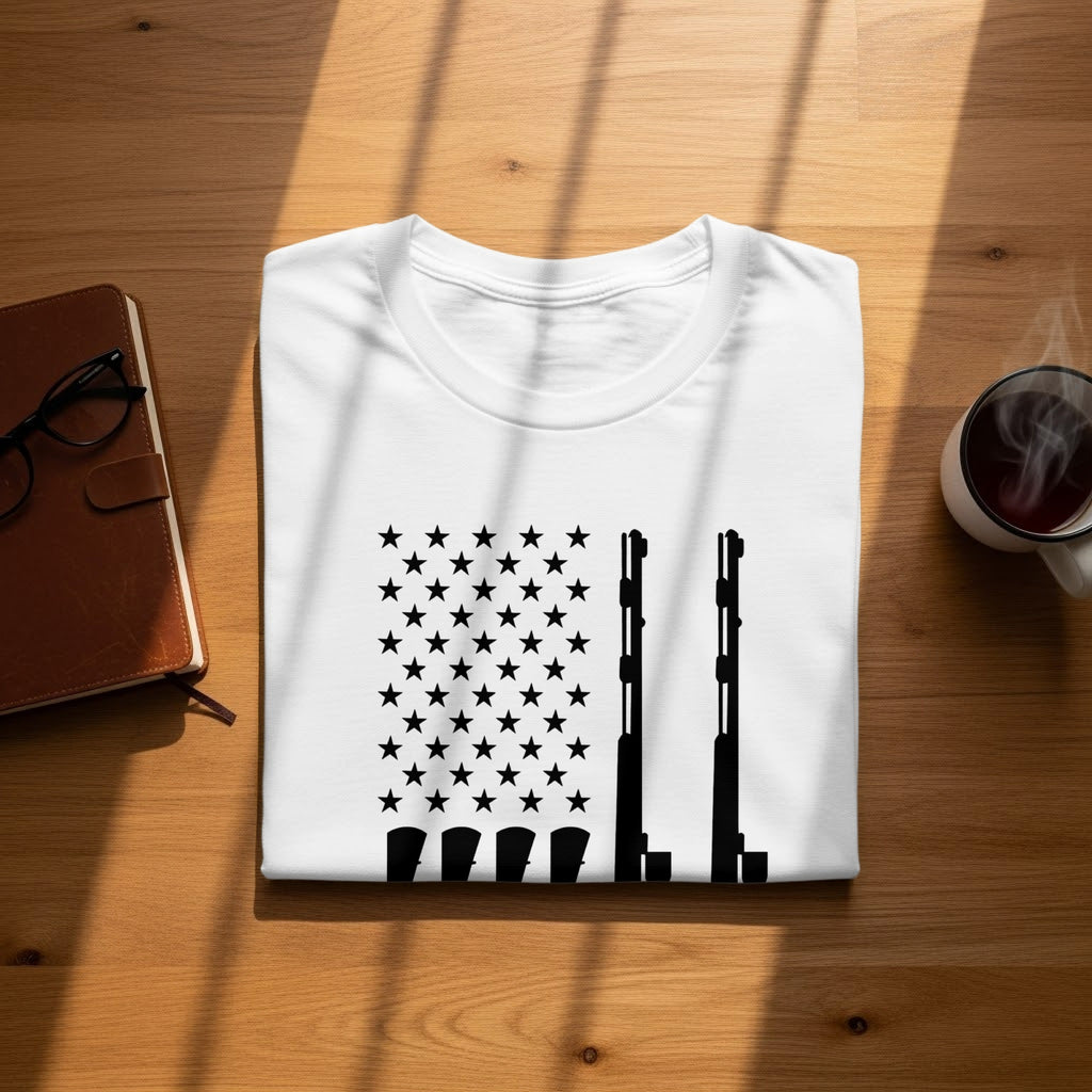 White t-shirt with black American flag stars and gun silhouettes design.