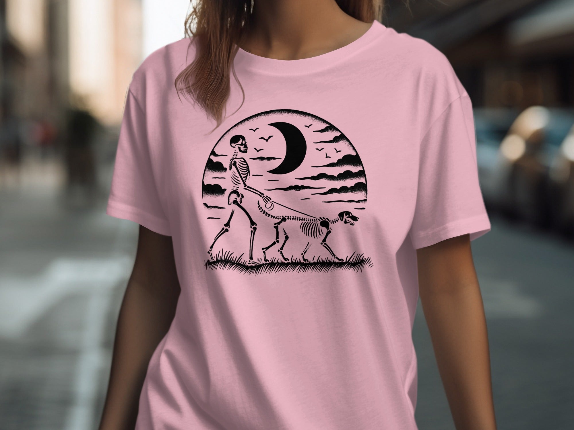 Black skeleton walking a skeleton dog under a crescent moon.