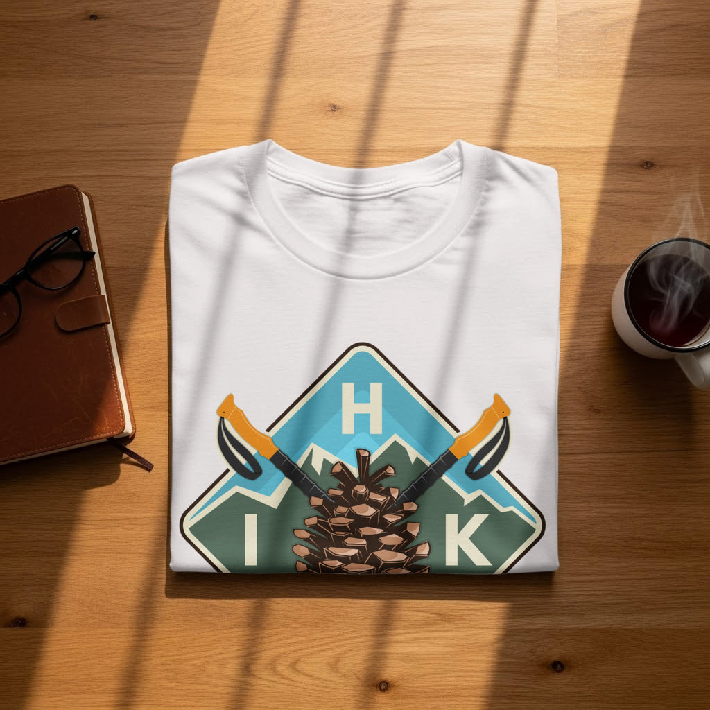 White t-shirt with hiking graphic featuring pinecone, poles, mountains, and text HIK.
