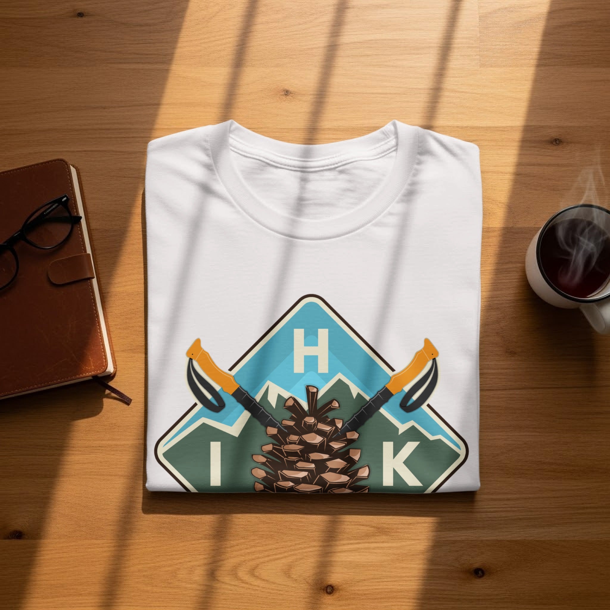 White t-shirt with hiking graphic featuring pinecone, poles, mountains, and text HIK.