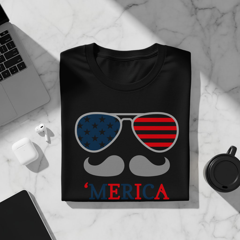 Black t-shirt with sunglasses, mustache graphic, and "MERICA" text.