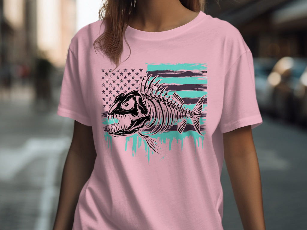 Pink t-shirt with a skeletal fish graphic over a distressed American flag design.