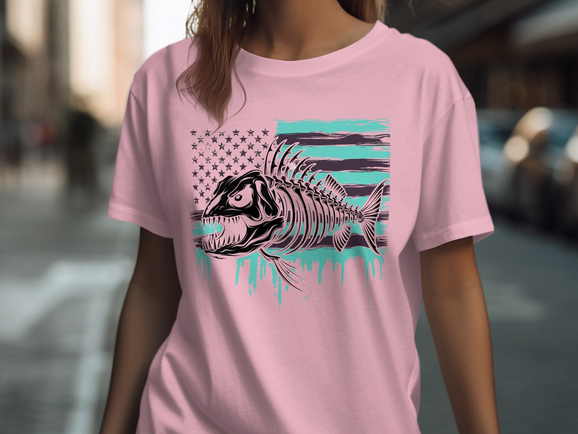 Pink t-shirt with a skeletal fish graphic over a distressed American flag design.