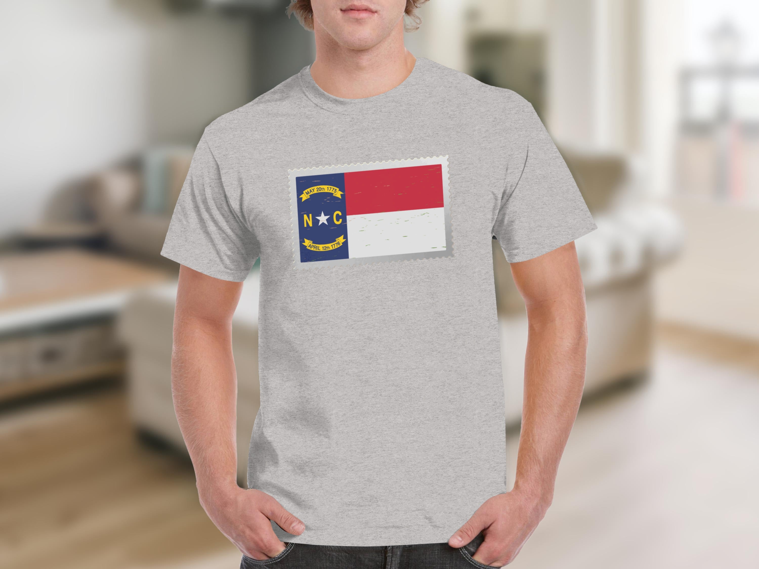 North Carolina flag design on a gray t-shirt with text "May 20th 1775" and "April 12th 1776".