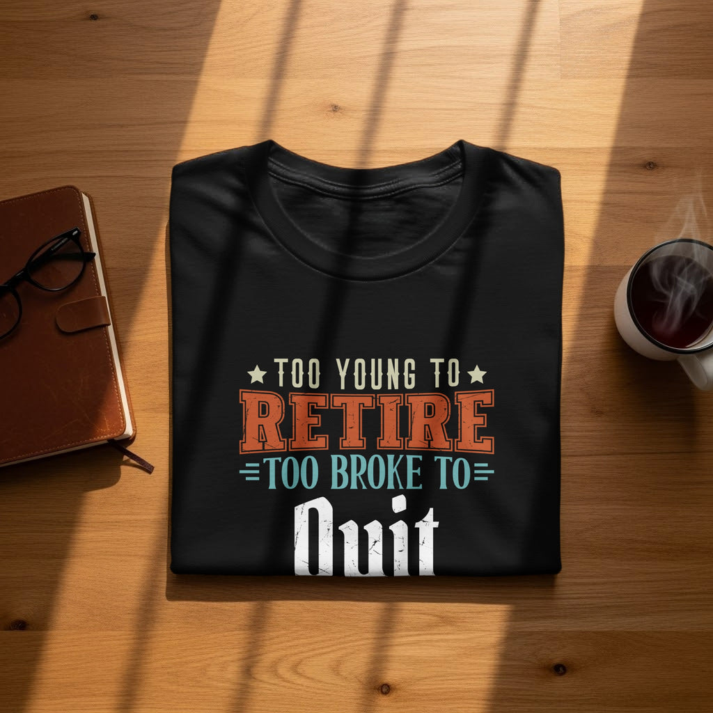 Black t-shirt with "Too Young To Retire = Too Broke To Quit" text.
