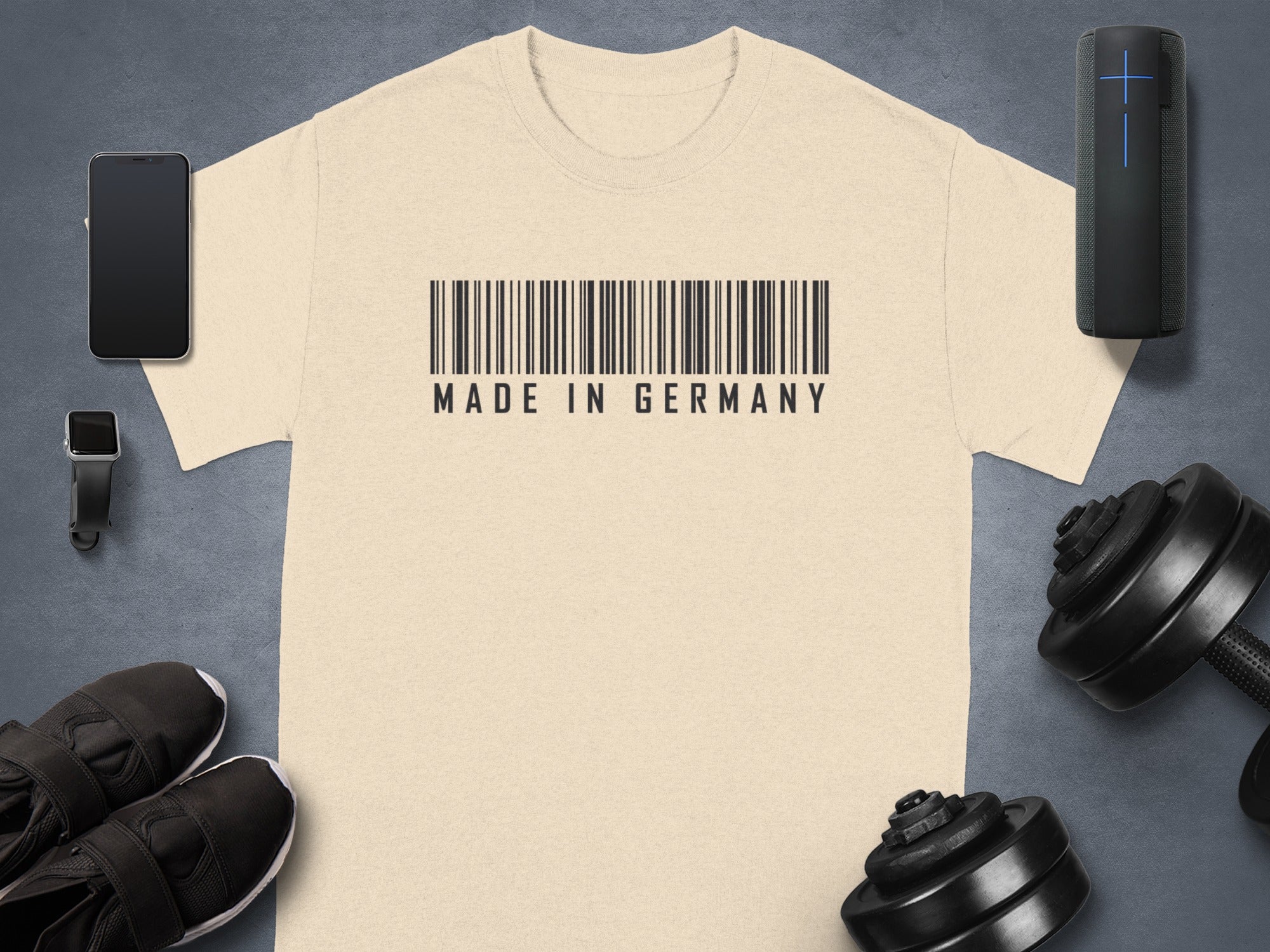Light beige t-shirt with "MADE IN GERMANY" and barcode graphic.